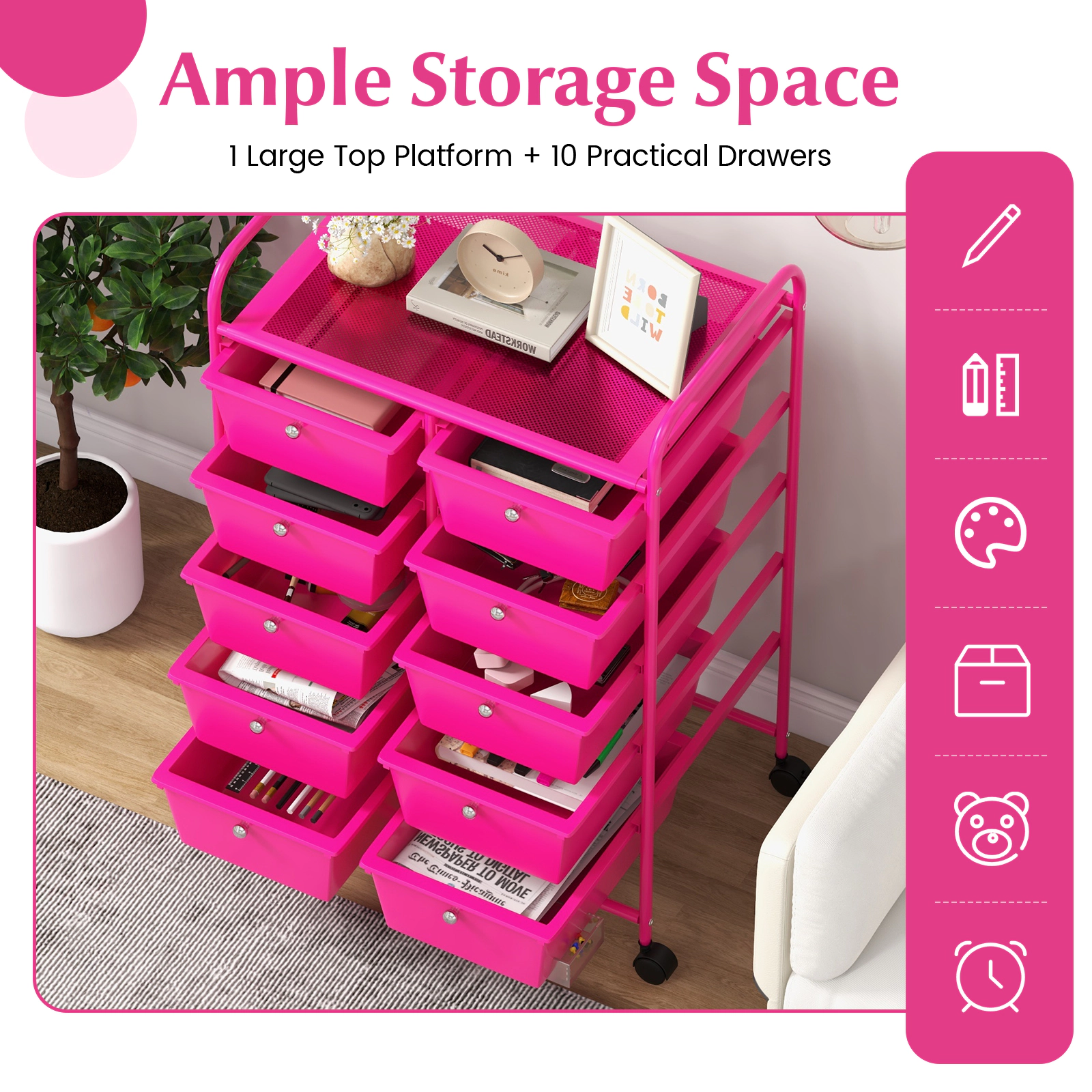 SUGIFT 10-Drawer Rolling Storage Cart with Mesh Top 22-lb Platform Capacity 5.5-lb Drawer Capacity Pink