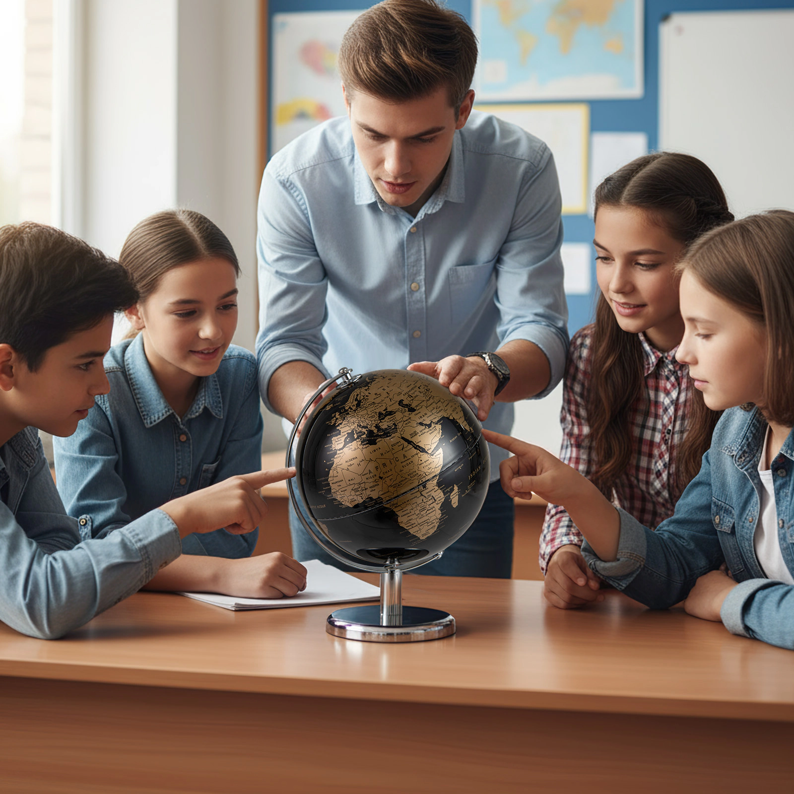 SUGIFT 8-in Rotating World Globe with Time Zone Markings Electroplated Metal Frame and Non-Slip Base