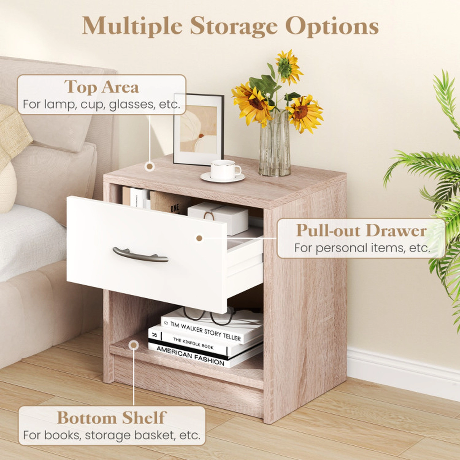 SUGIFT Drawer and Open Storage Shelf Compact Bedside Table Nightstand