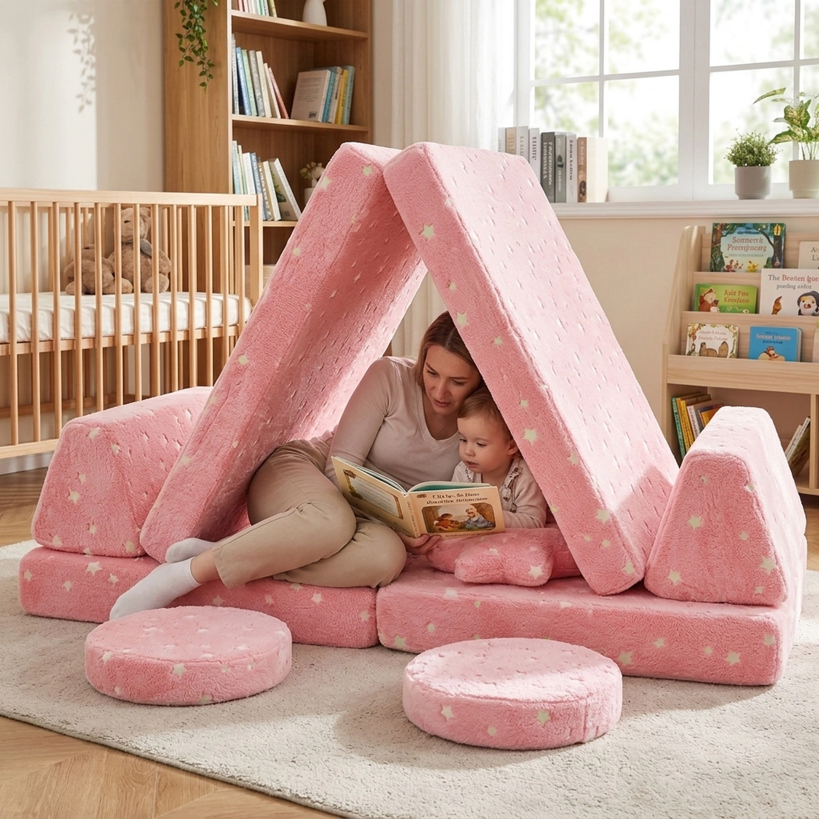 Modular Kids Play Couch Set Toddler Foam Sofa with Glow in the Dark Print Portable Handles and Machine-Washable Pink