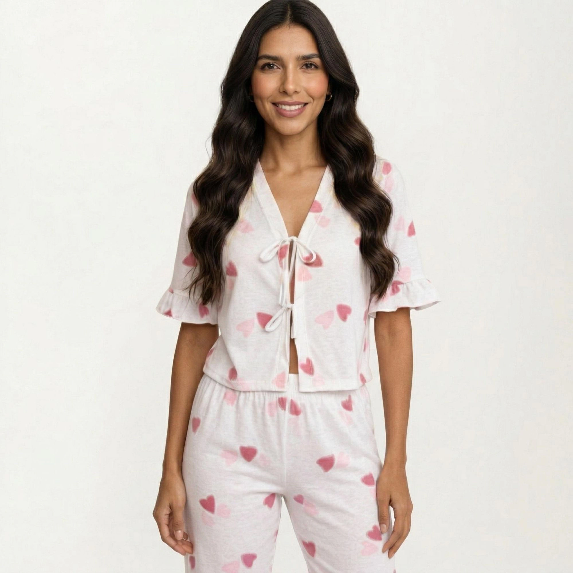 Anna-Kaci Women's 2-Piece V Neck Tie Front Pajama Top with Ruffle Sleeve Detail and Relaxed Fit Pants