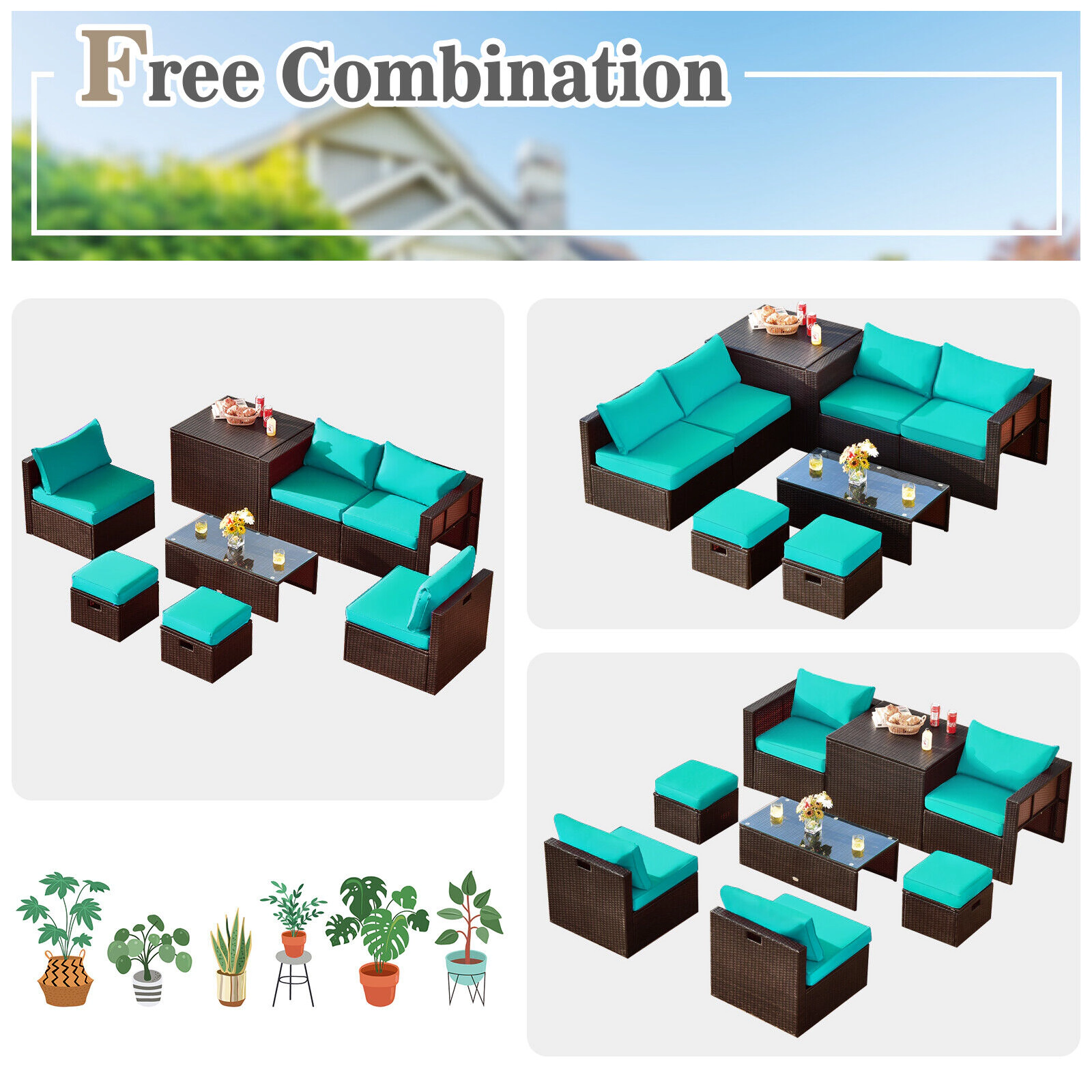 SUGIFT 8-Piece Turquoise Rattan Patio Lounge Set with Storage Box and Waterproof Cover