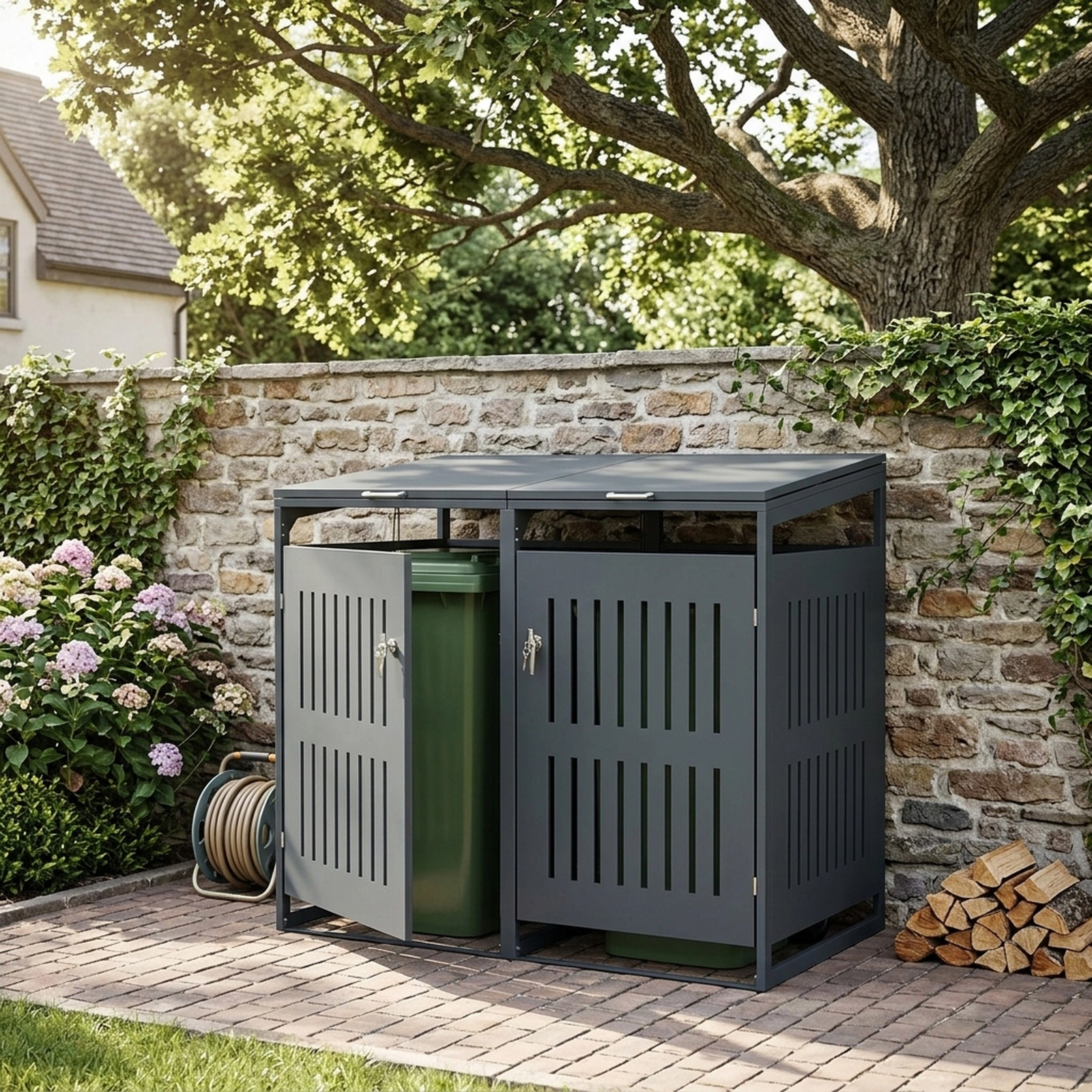 SUGIFT 52-in 44-cu ft 2-Bin Lockable Metal Outdoor Trash Can Storage Shed with Gas Struts and Slant Roof