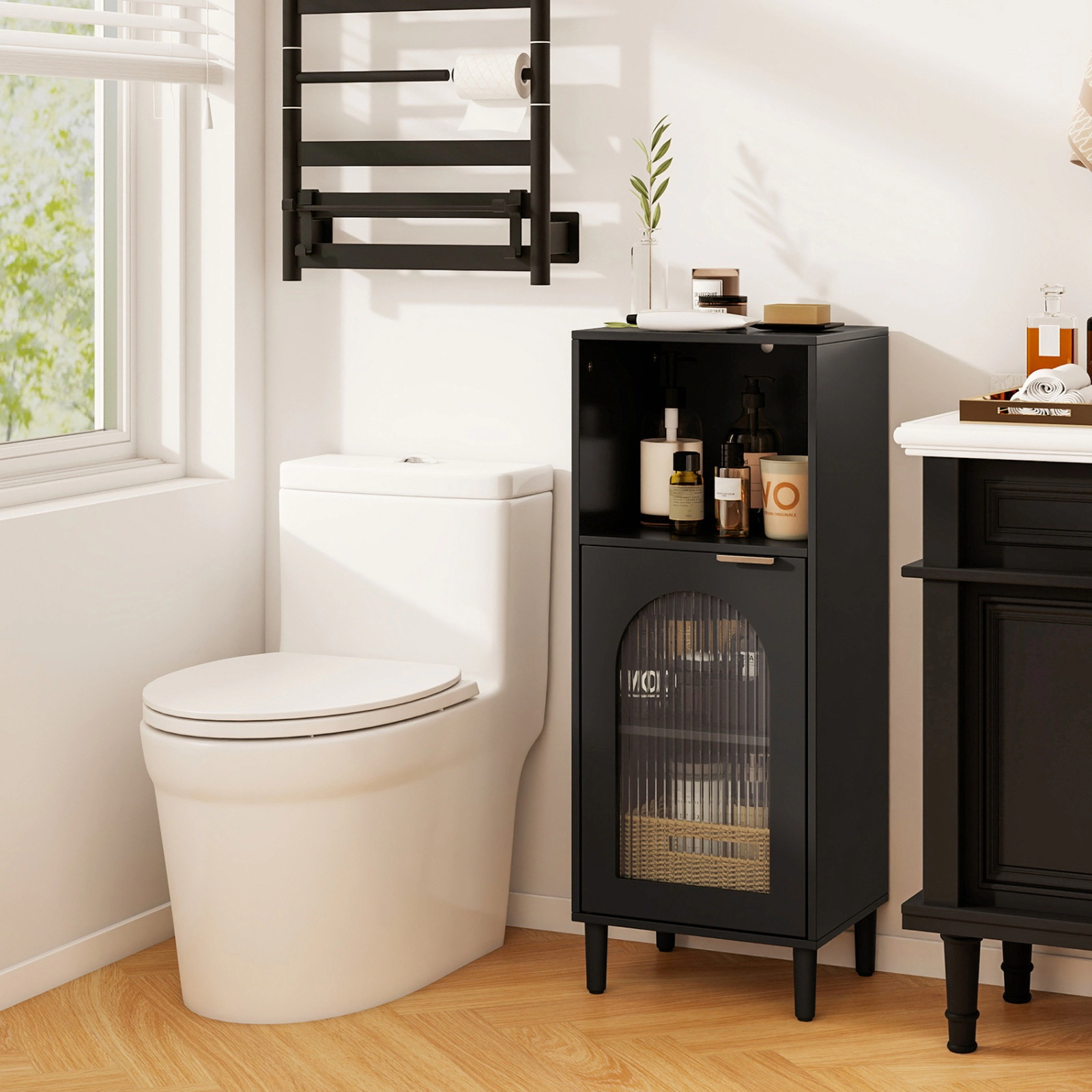 SUGIFT Black 110-lb Top Bathroom Floor Storage Cabinet with Wavy Tempered Glass Door and Adjustable Shelf