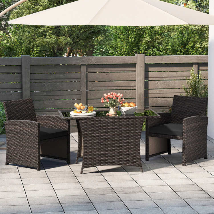 Hivvago 3 Piece Patio Wicker Dining Set With Rectangle Tempered Glass Dining Table-Brown