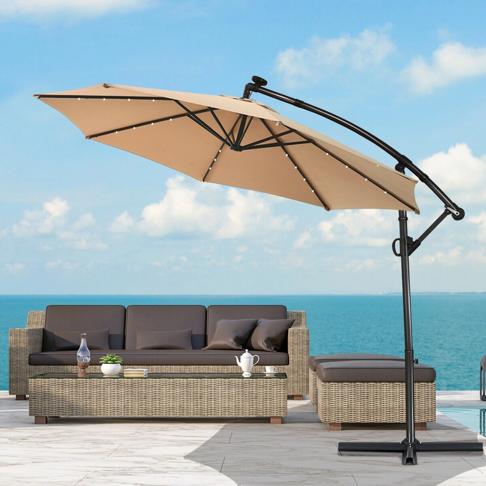 SUGIFT 10-ft Beige Solar LED Offset Patio Umbrella with 32 Lights 360-Degree Rotation and Cross Base for Deck