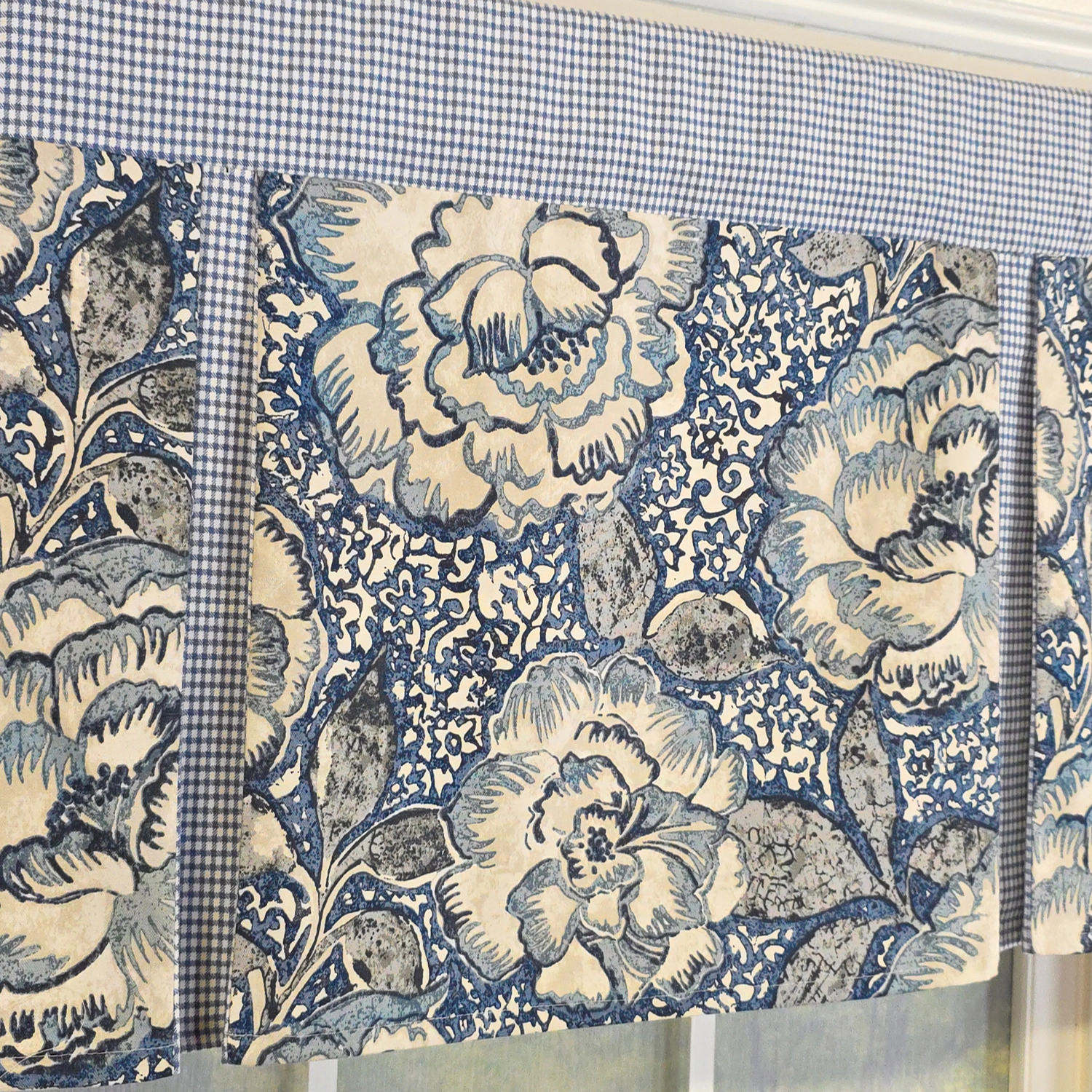 RLF Home 100% Cotton Peony Ball Pleated  Unlined Windows Rod Pocket Valance 50" x 17"  Blue