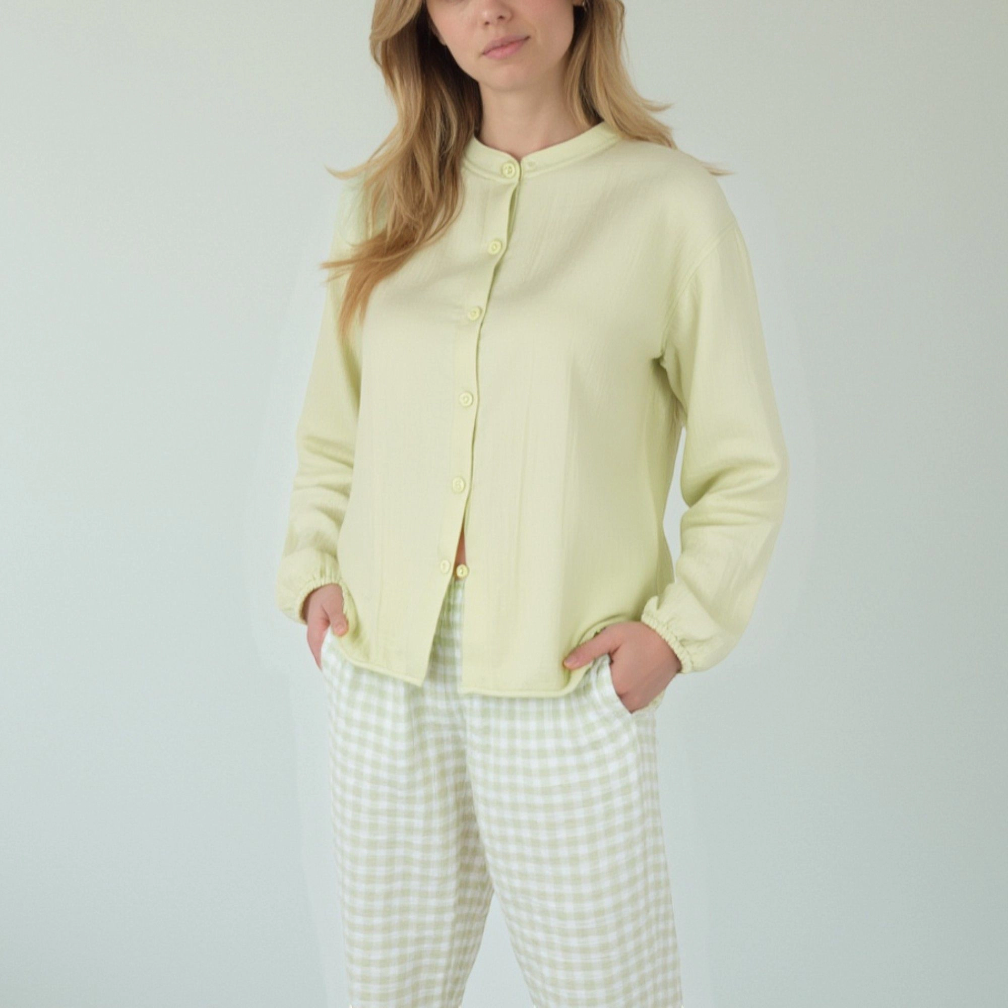 Anna-Kaci Women's Woven Pajama Set Long Sleeve Button Up Top Elastic Cuff Sleeves and Relaxed Gingham Print Lounge Pants