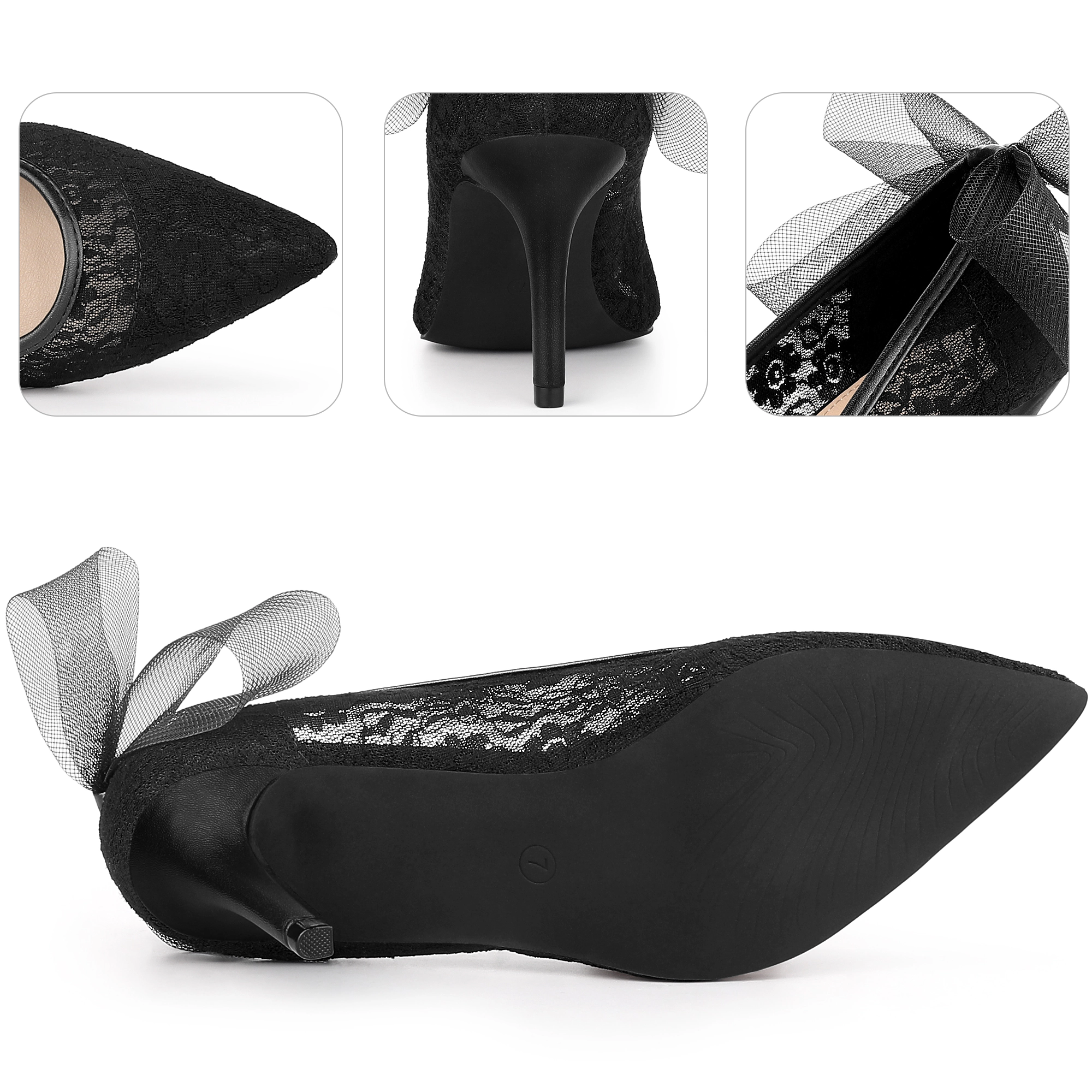 BLISSFUL STEP Women Pointed Toe Bow Decor Stiletto Heel Pumps