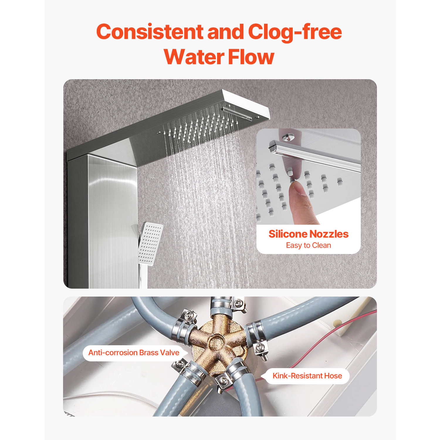 HONGGE 5-Function Shower Tower Panel, Rainfall & Waterfall with 3 Body Jets, 53 in Brushed Stainless Steel Shower Column