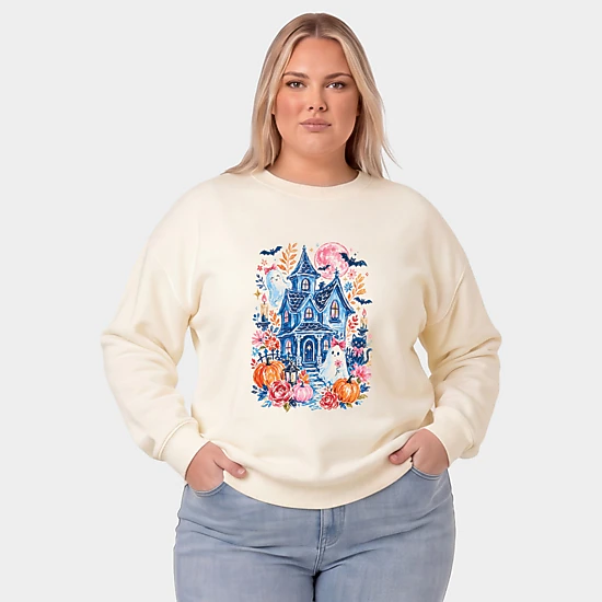 Simply Sage Market - Women's Plus Sized Graphic Sweatshirt - Coquette Haunted House