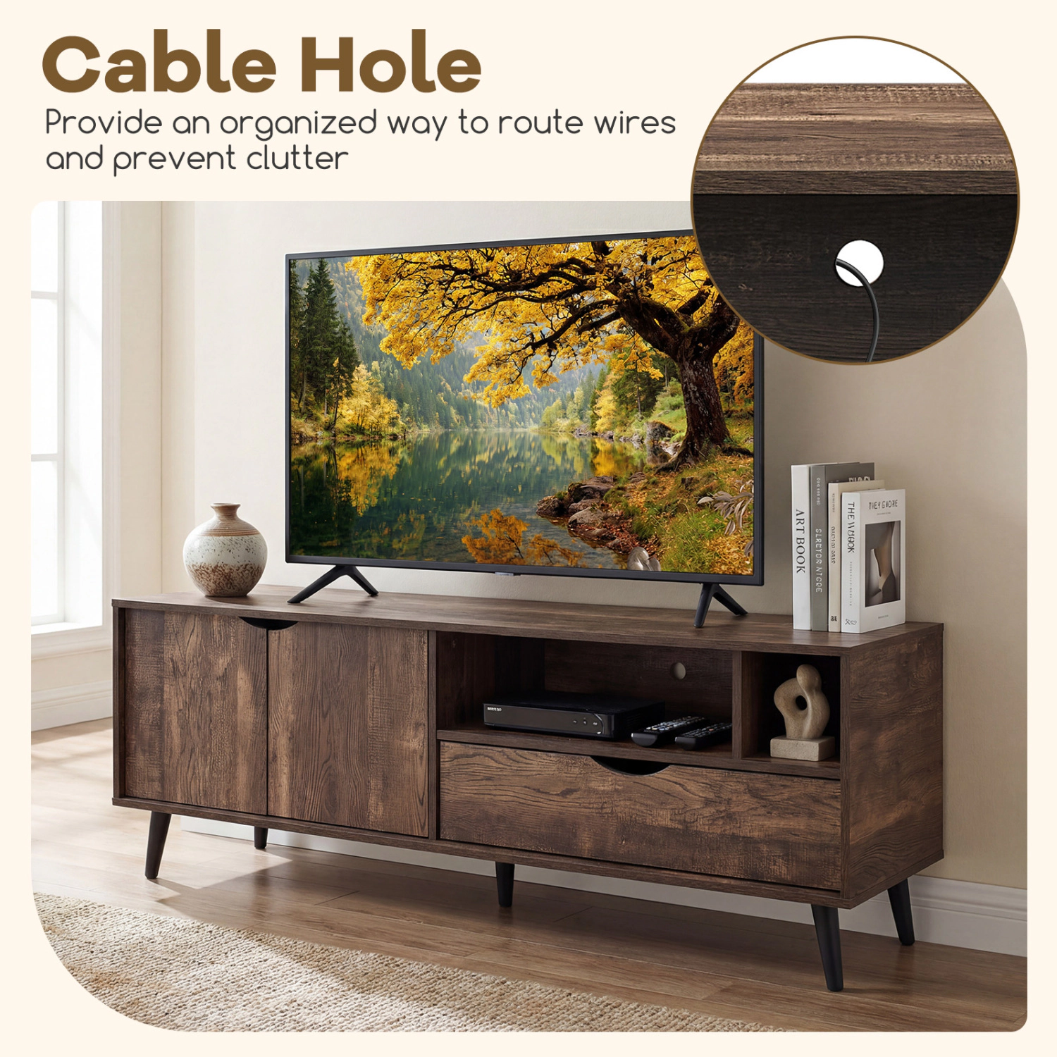 Glintex 59-Inch Rustic TV Stand with 2-Door Cabinet and 27.5-Inch Drawer, Brown