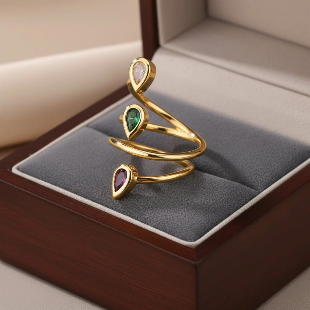 DressAtR Women's Multi Layer Zircon Gold Plated Open Ring