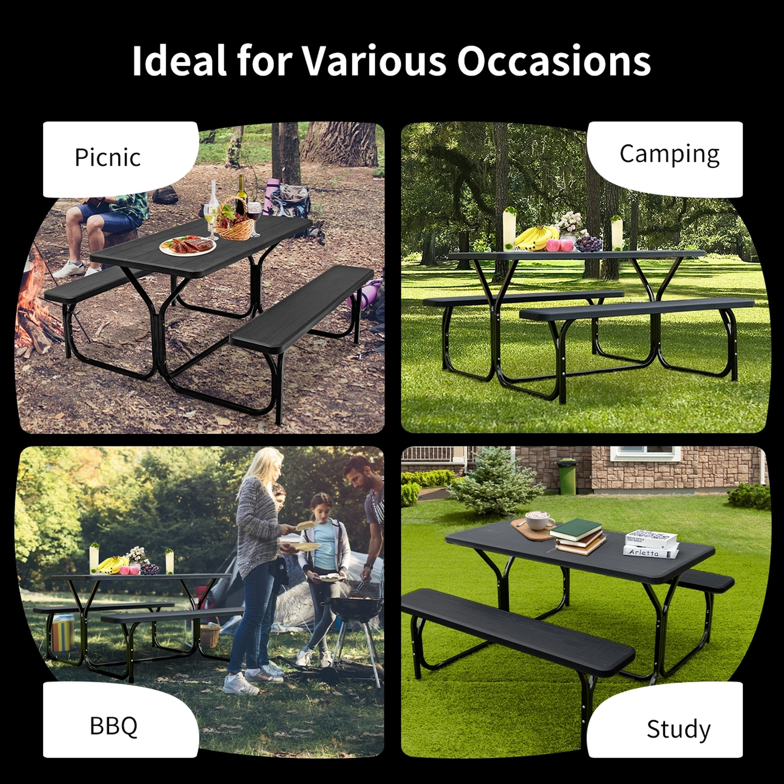 SUGIFT Outdoor Picnic Table Bench Set with Metal Base 330-lb Table Capacity 440-lb Bench Capacity Black