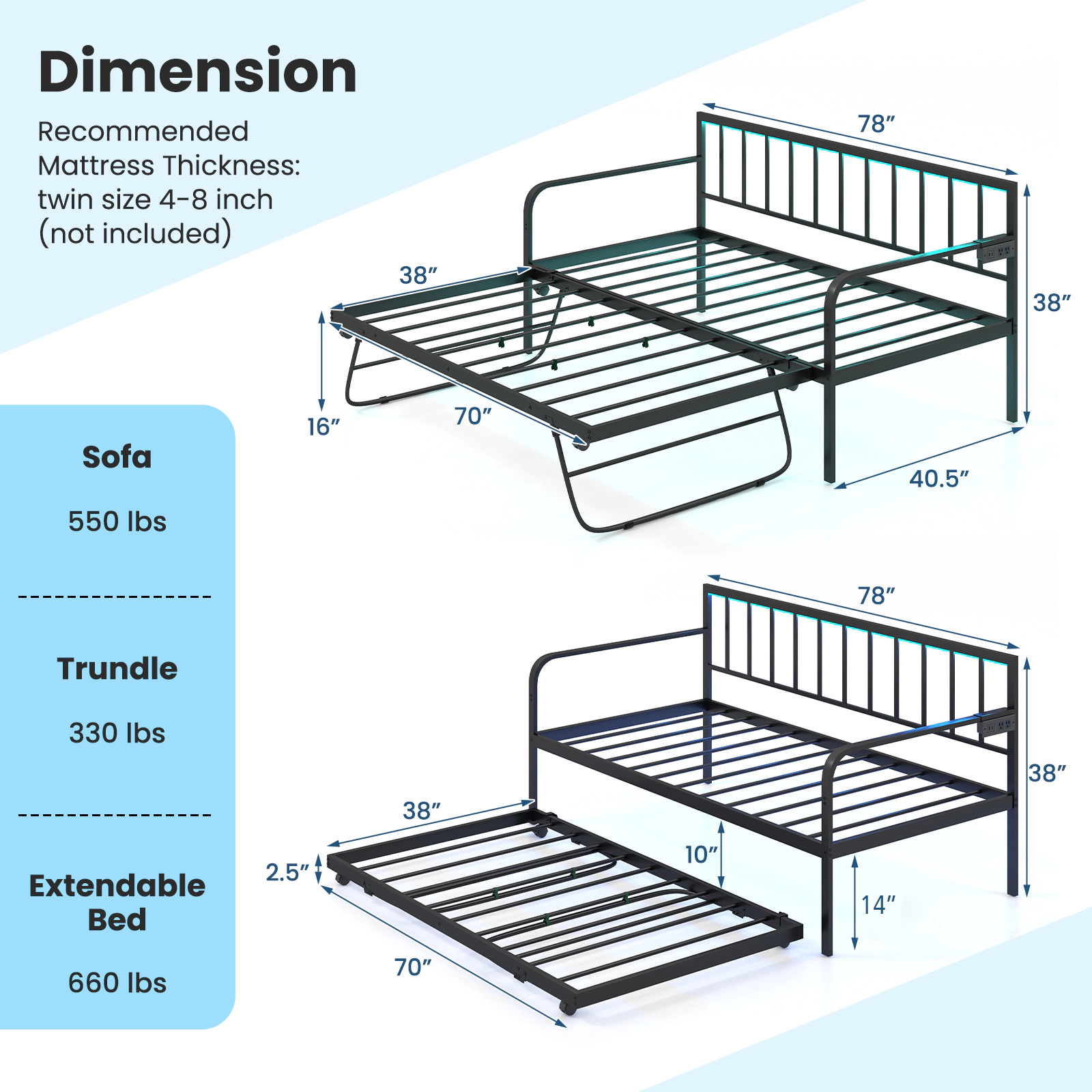 SUGIFT Black Pop-Up Trundle Charging Station and LED Lights Twin Metal Daybed