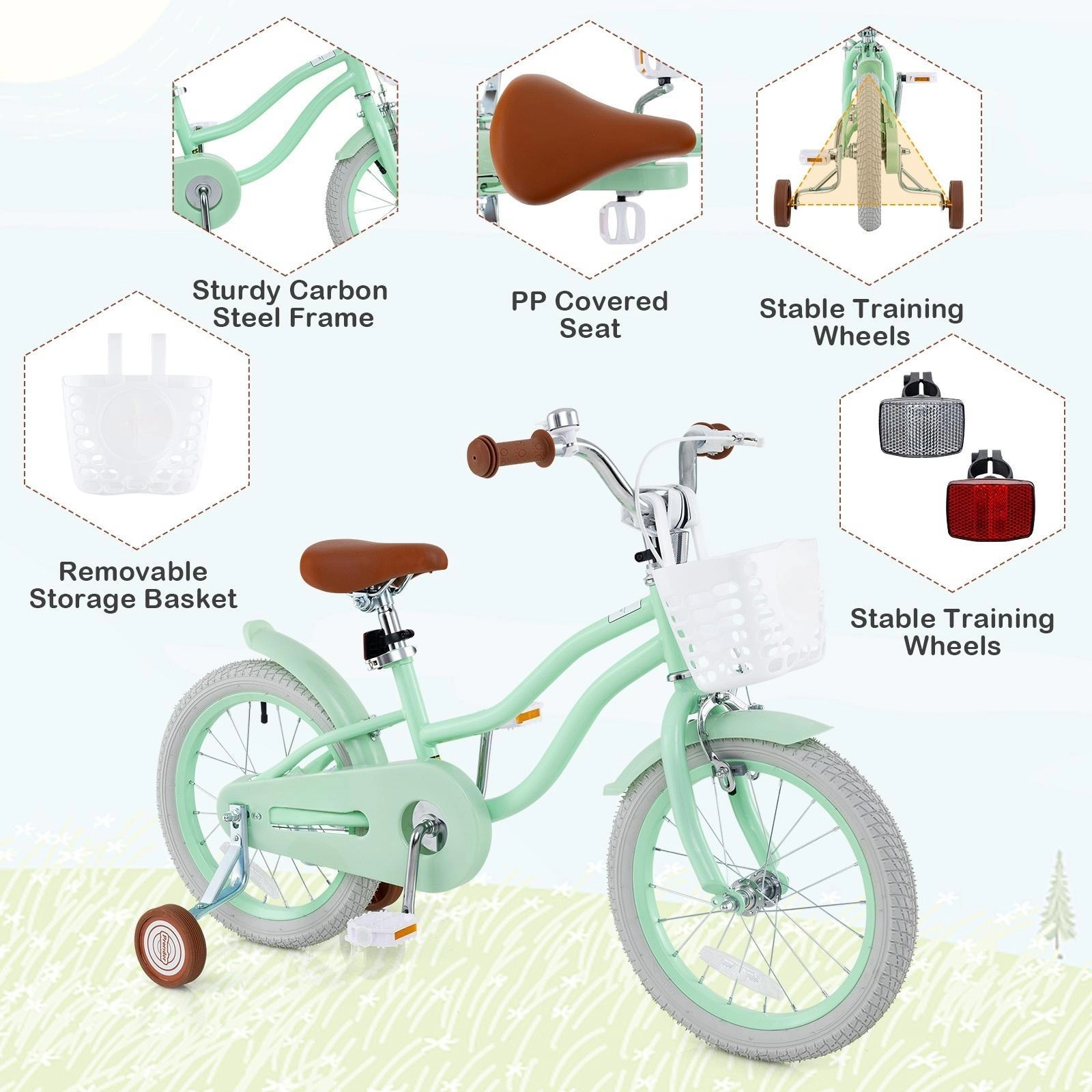 SUGIFT 16-Inch Kids Bicycle with Adjustable Seat, Basket, Training Wheels 99-lb Seat Capacity Ages 4-7 Mint Green