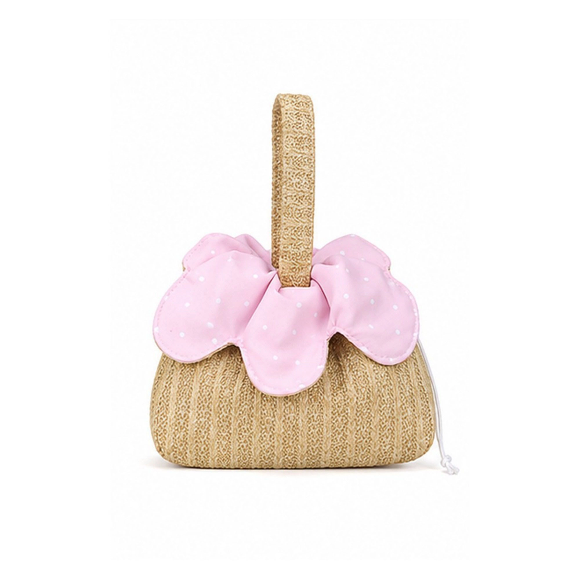 Alilang Women's Textured Knit Drawstring Handbag with Floral Petal Trim, Dual Handles and Cosmetic Storage Design