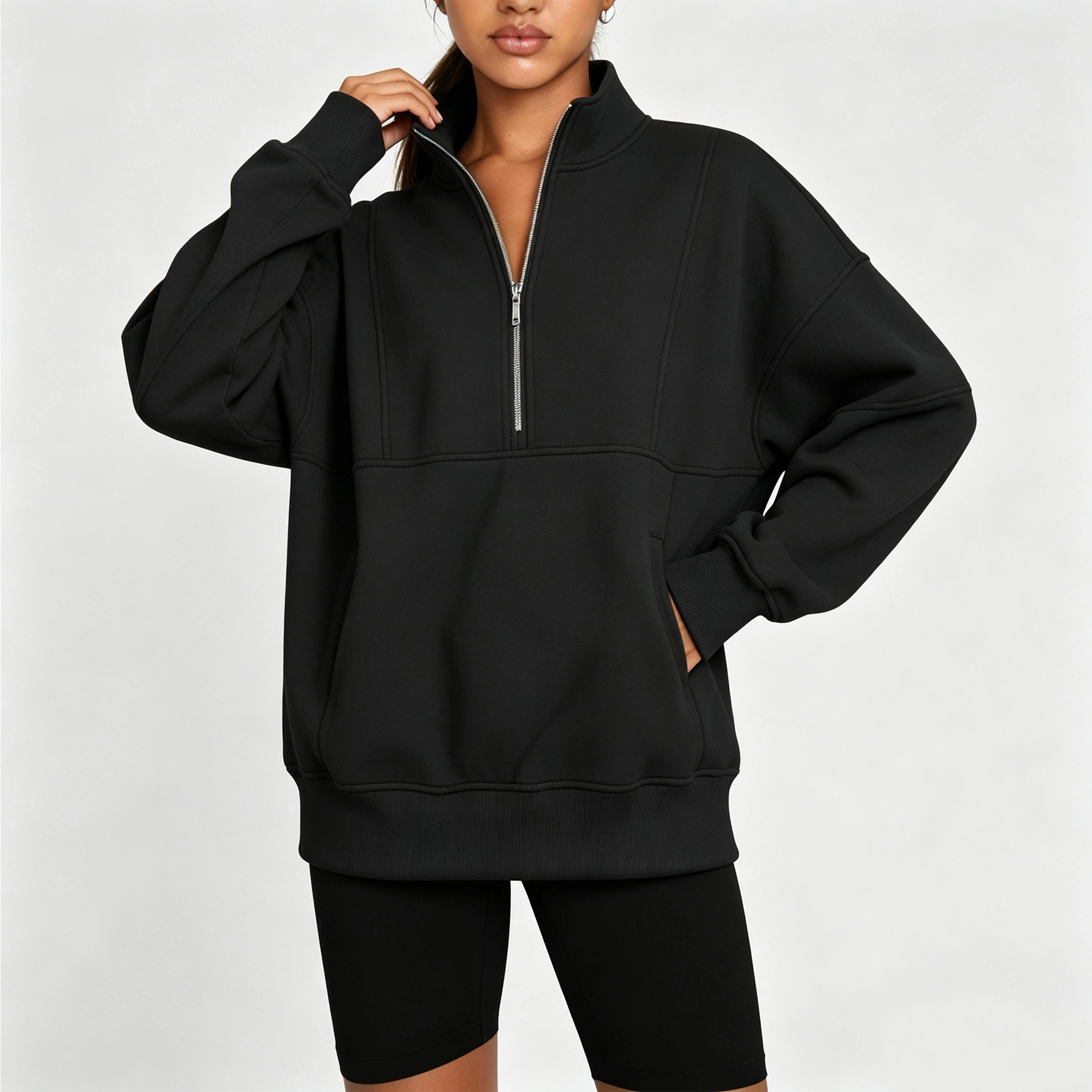 YesFashion Women's Oversized Half Zip Fleece Sweatshirt High Neck Up Pullover Fall Winter Top