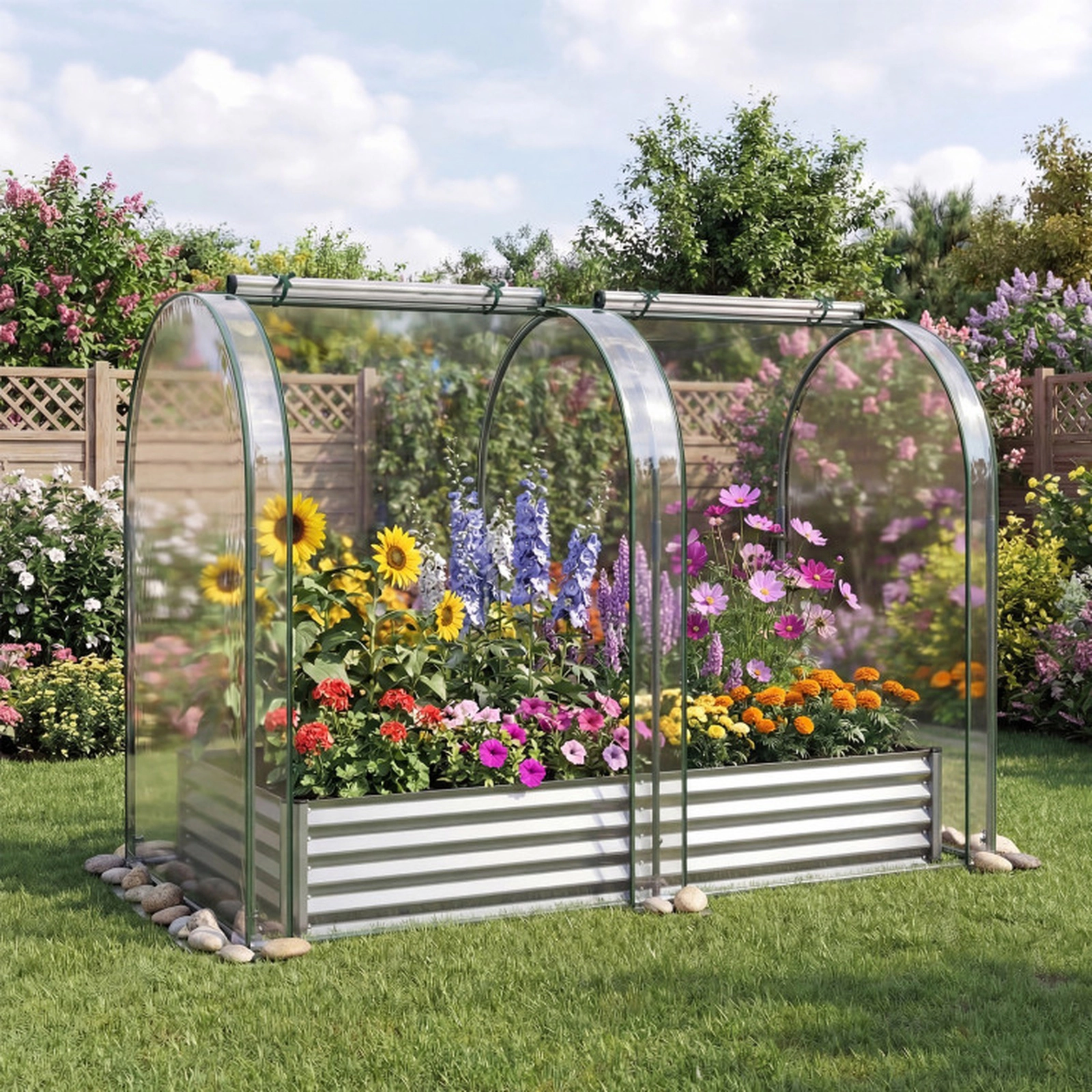 SUGIFT 6-ft x 3-ft 130-gal Galvanized Raised Garden Bed with PVC Greenhouse Cover and 2 Roll-Up Windows