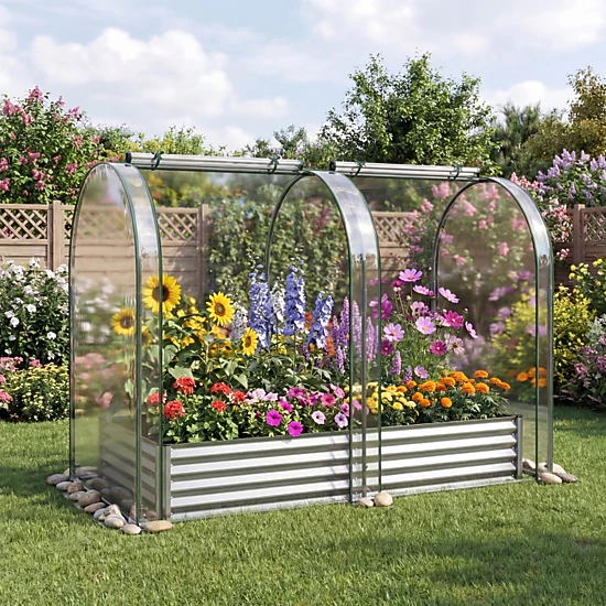 SUGIFT 6-ft x 3-ft 130-gal Galvanized Raised Garden Bed with PVC Greenhouse Cover and 2 Roll-Up Windows