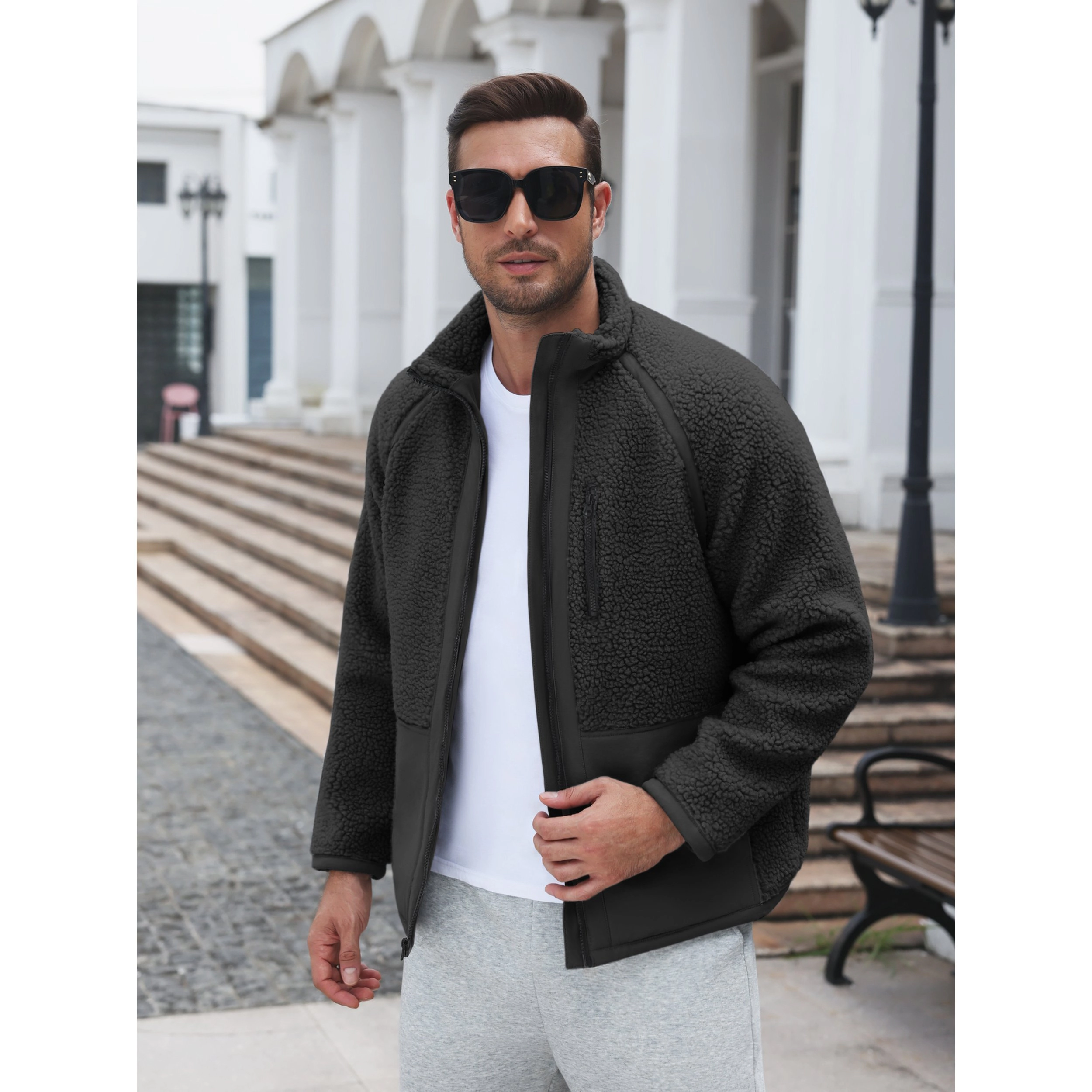 COOFANDY Men's Color Block Sherpa Fleece Full Zip Stand Collar Jacket with Pocket