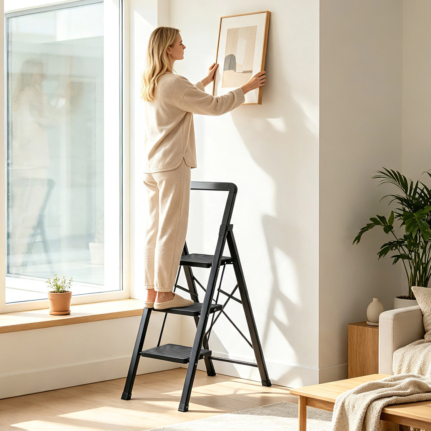 LJG 5 Step Black Folding Step Stool with Wide Anti-Slip Pedals