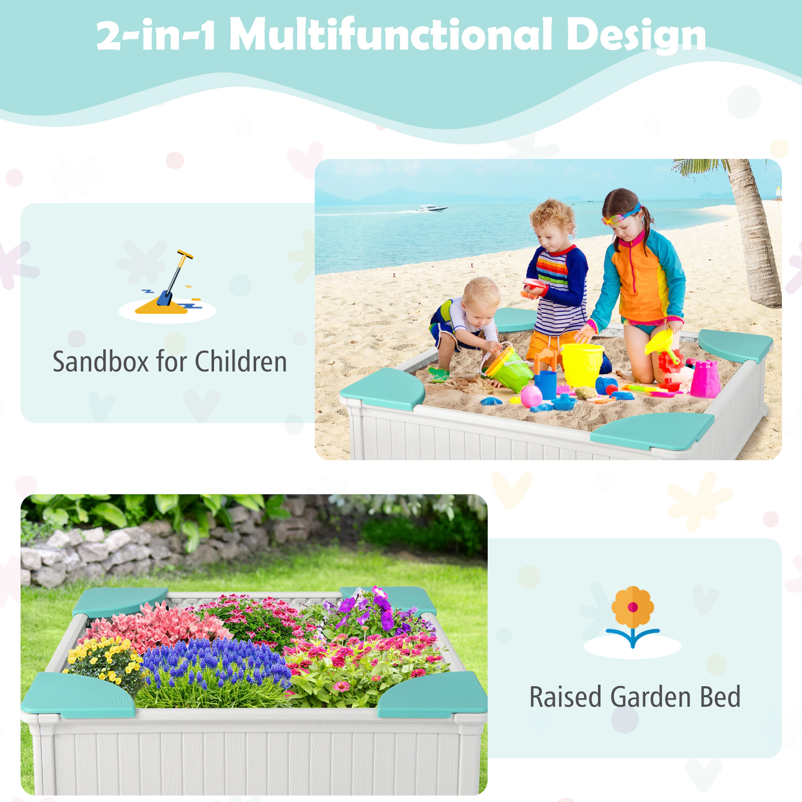 SUGIFT Kids Outdoor Sandbox with Oxford Cover & 4 Corner Seats 110-lb Seat Capacity Ages 3 Years & Up White Brown Navy
