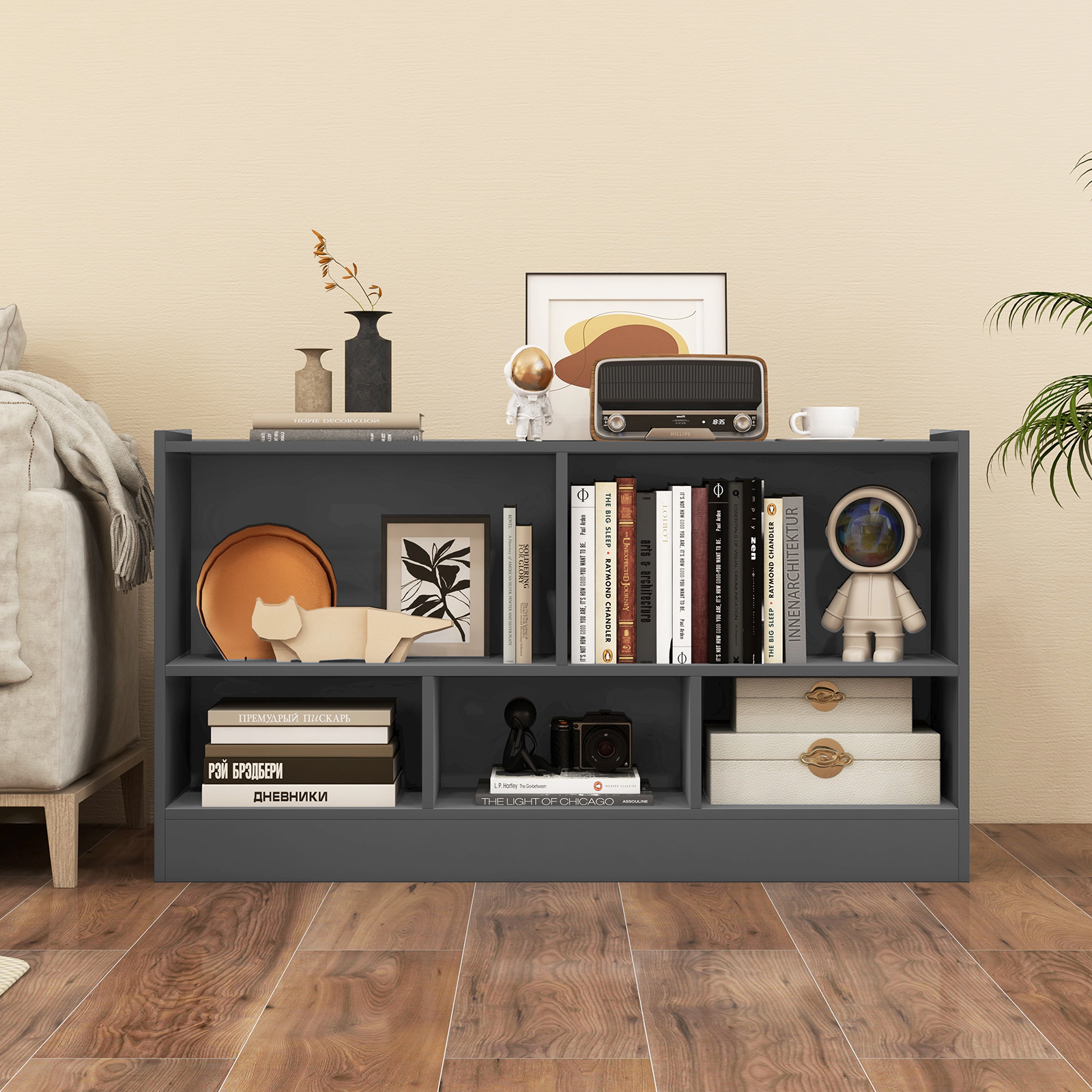 SUGIFT Kids 5-Cube 2-Shelf Wood Toy Storage Bookcase Organizer 44-in x 12-in x 24-in 132-lb Top Capacity Gray