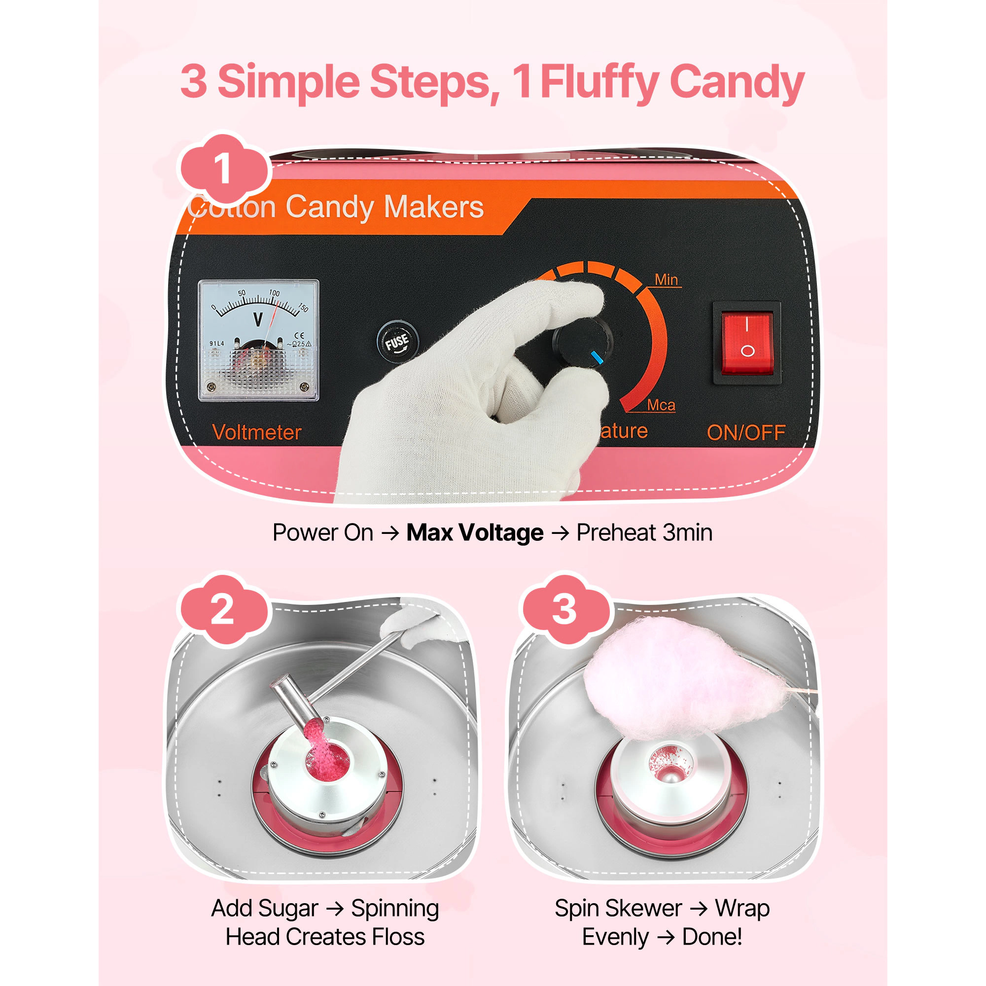HONGGE Cotton Candy Machine Commercial 1000W Electric Candy Floss Maker Easy Use with 15 inch Stainless Steel Bowl and