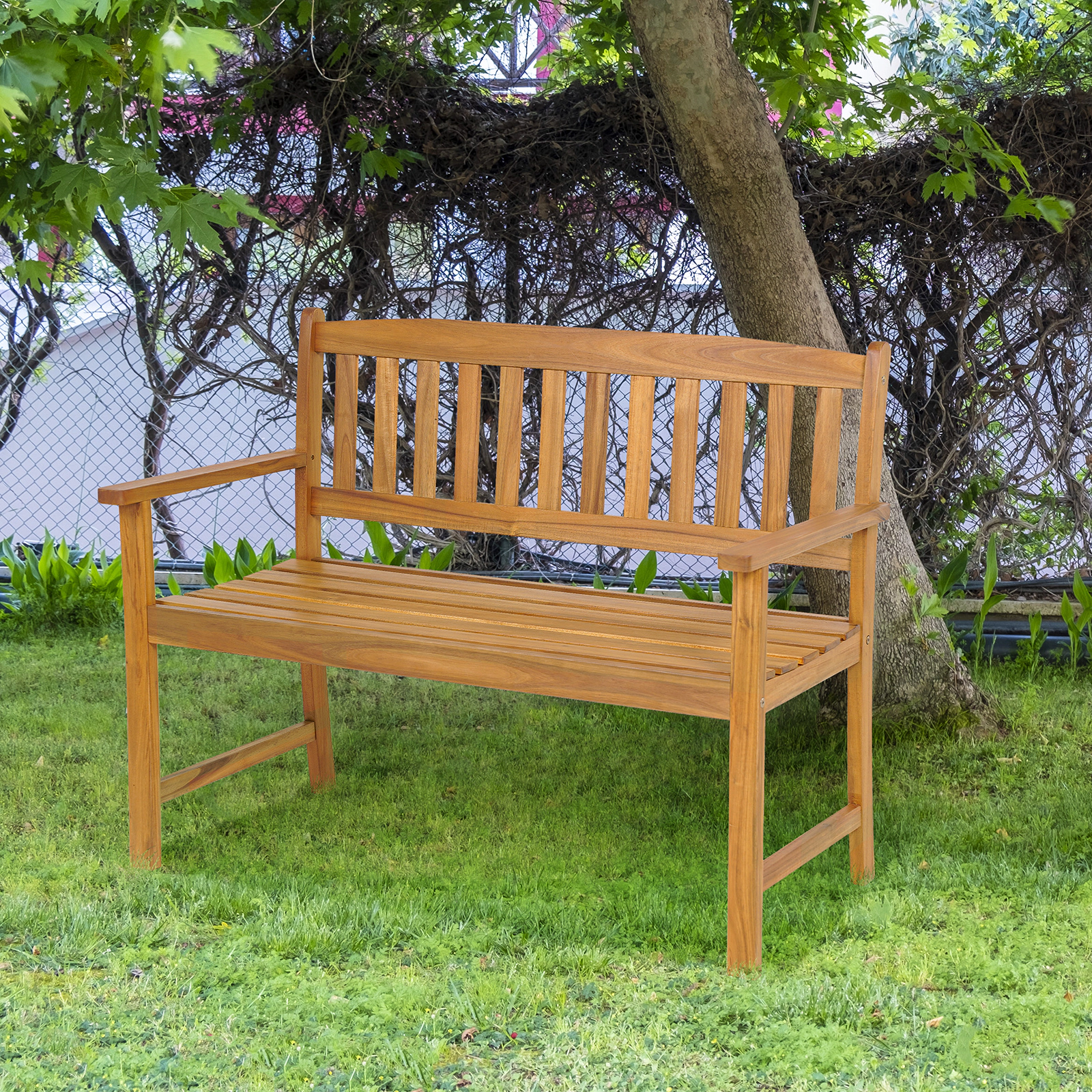 Hivvago 2-Person Patio Acacia Wood Bench With Backrest And Armrests