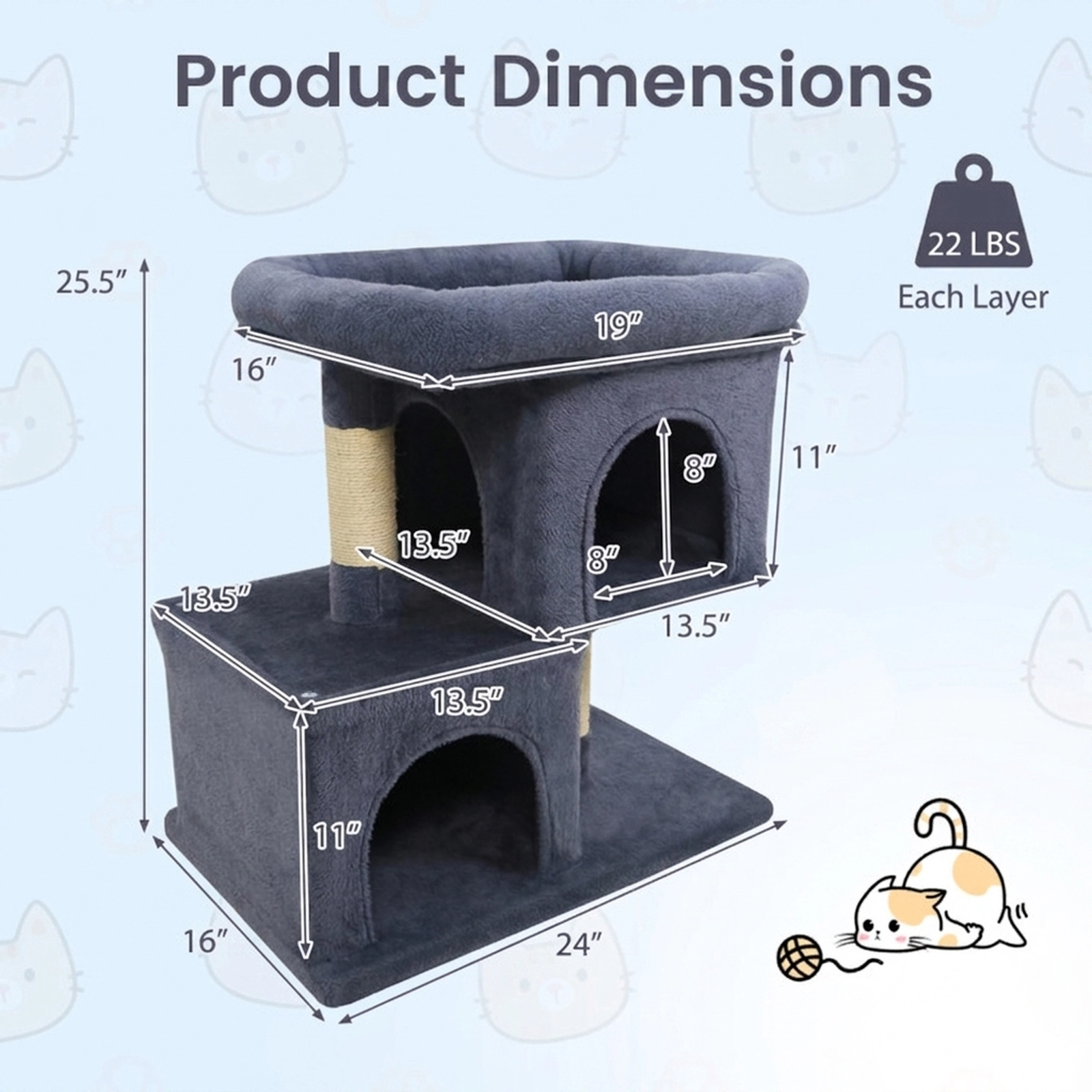 SUGIFT Dark Gray Space-Saving Cat Tower with 19 in Upholstered Perch and 2 Condos