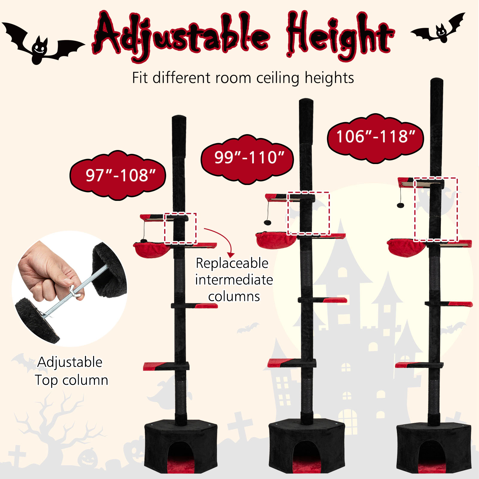 SUGIFT Adjustable Floor to Ceiling Gothic Cat Tree 97-118-in Tall 5-Tier Condo 22-lb Layers Red+Black