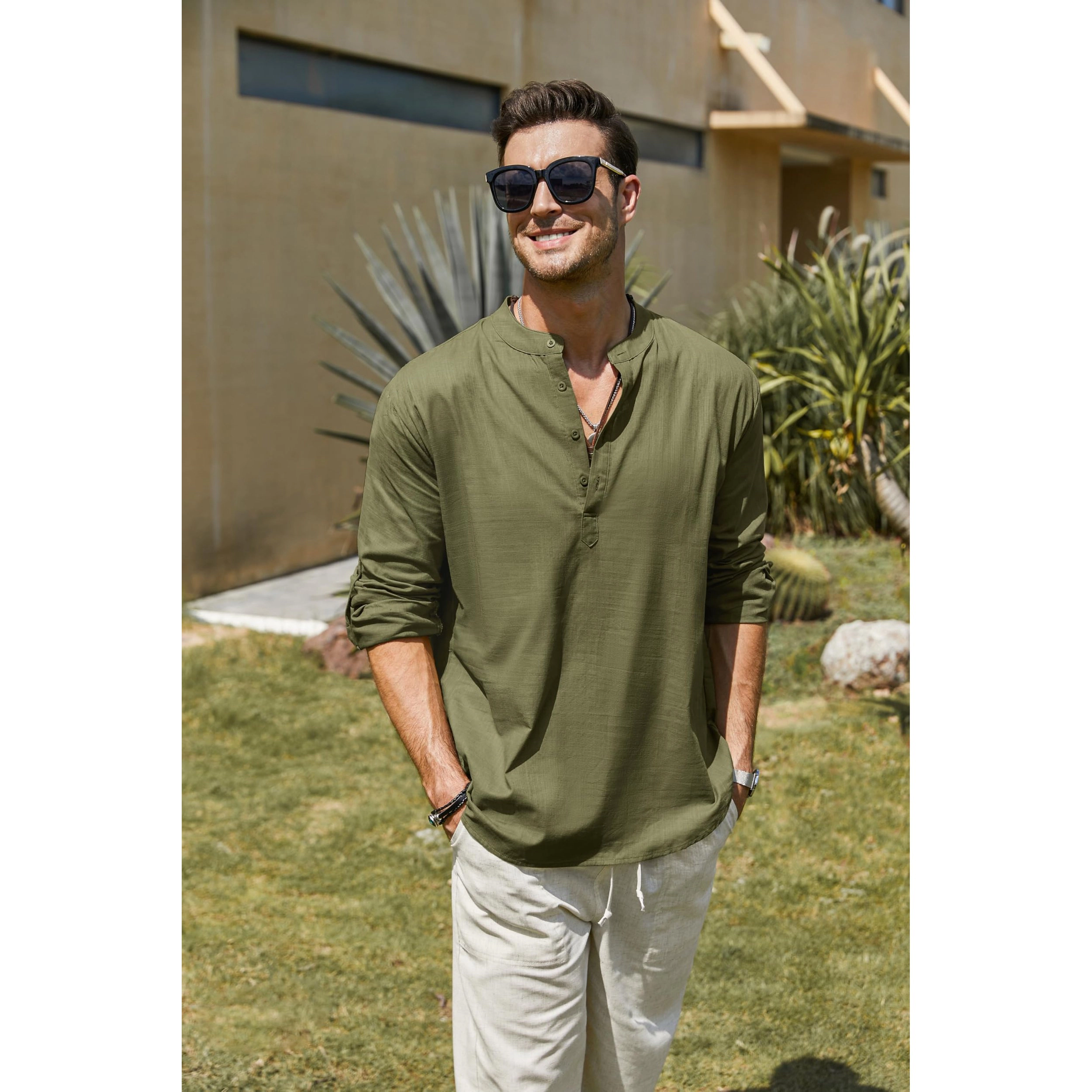 COOFANDY Men's Regular Fit Lightweight Linen Long Sleeve Henley Shirt