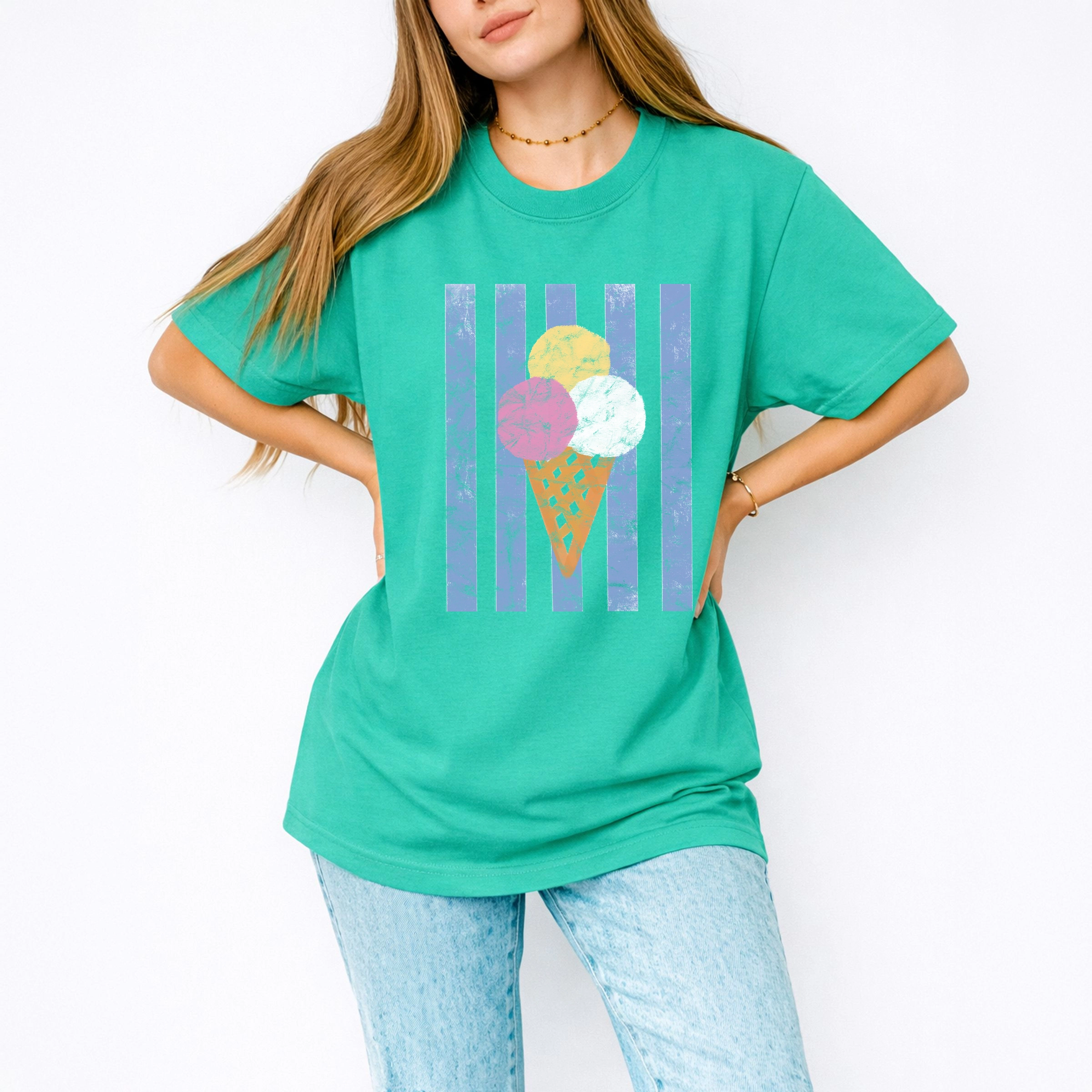 Simply Sage Market - Women's Garment Dyed Graphic T-Shirt Ice Cream Cone Stripes