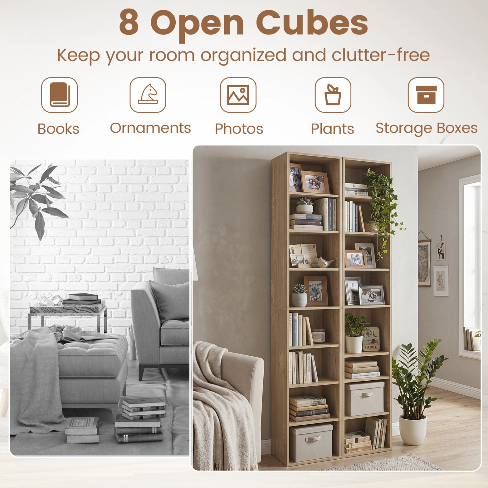 SUGIFT 8-Tier Natural 71-in Tall Narrow Bookshelf 12-in Wide with 4 Adjustable Shelves and Storage Cubes