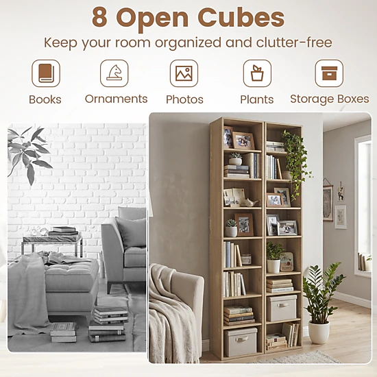 SUGIFT 8-Tier Natural 71-in Tall Narrow Bookshelf 12-in Wide with 4 Adjustable Shelves and Storage Cubes