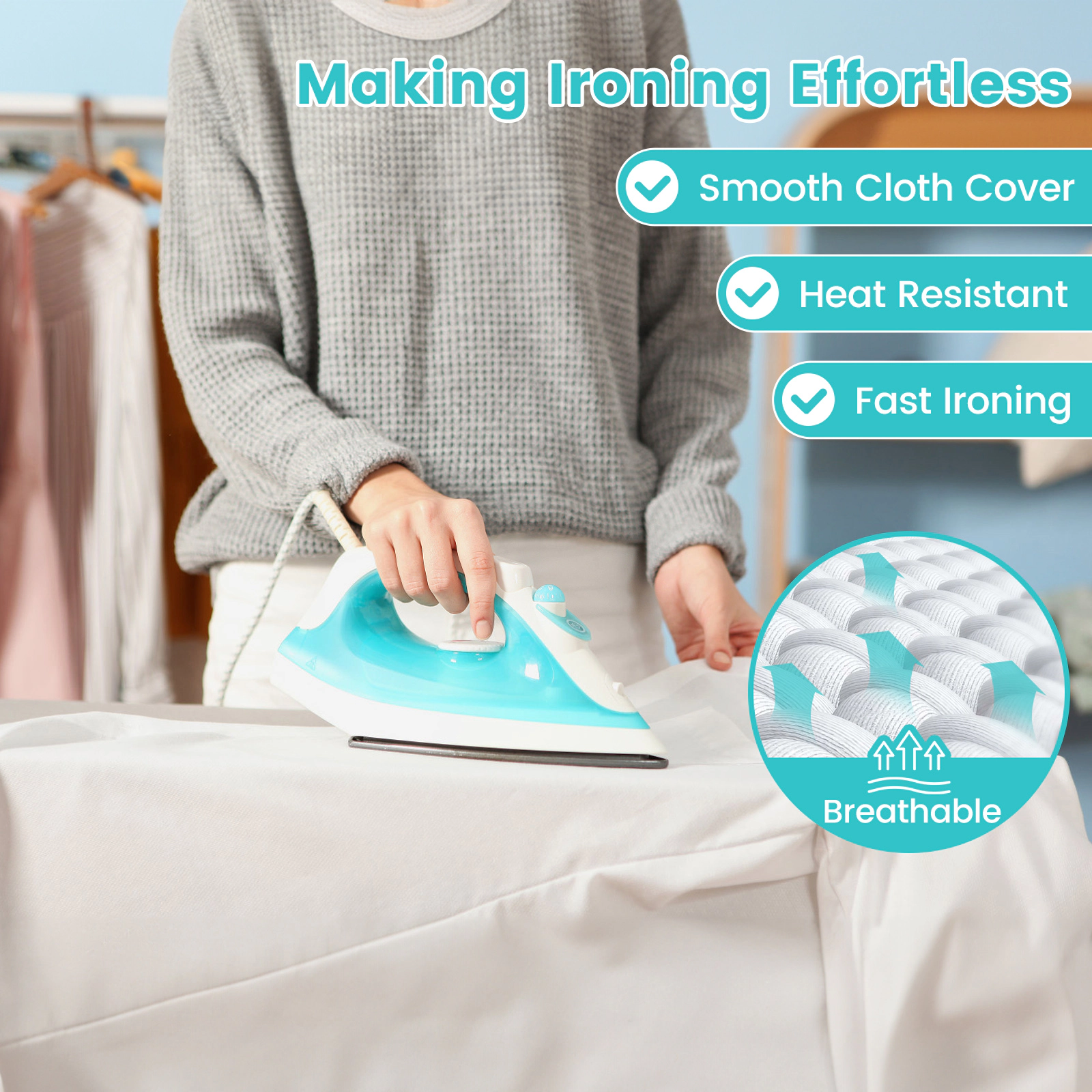 SUGIFT Foldable Adjustable Height Ironing Board Iron Rest 56.5 x 15.5-in Top 27-36-in Height 66-lb Capacity Turquoise