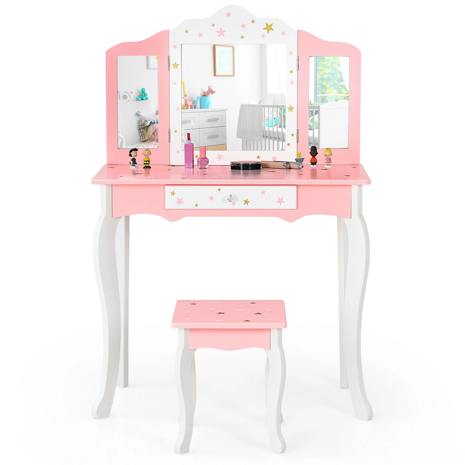 SUGIFT 2-in-1 Detachable Kids Princess Vanity Table and Stool Set with Tri-folding Mirror 44/88-lb Capacity Pink/White