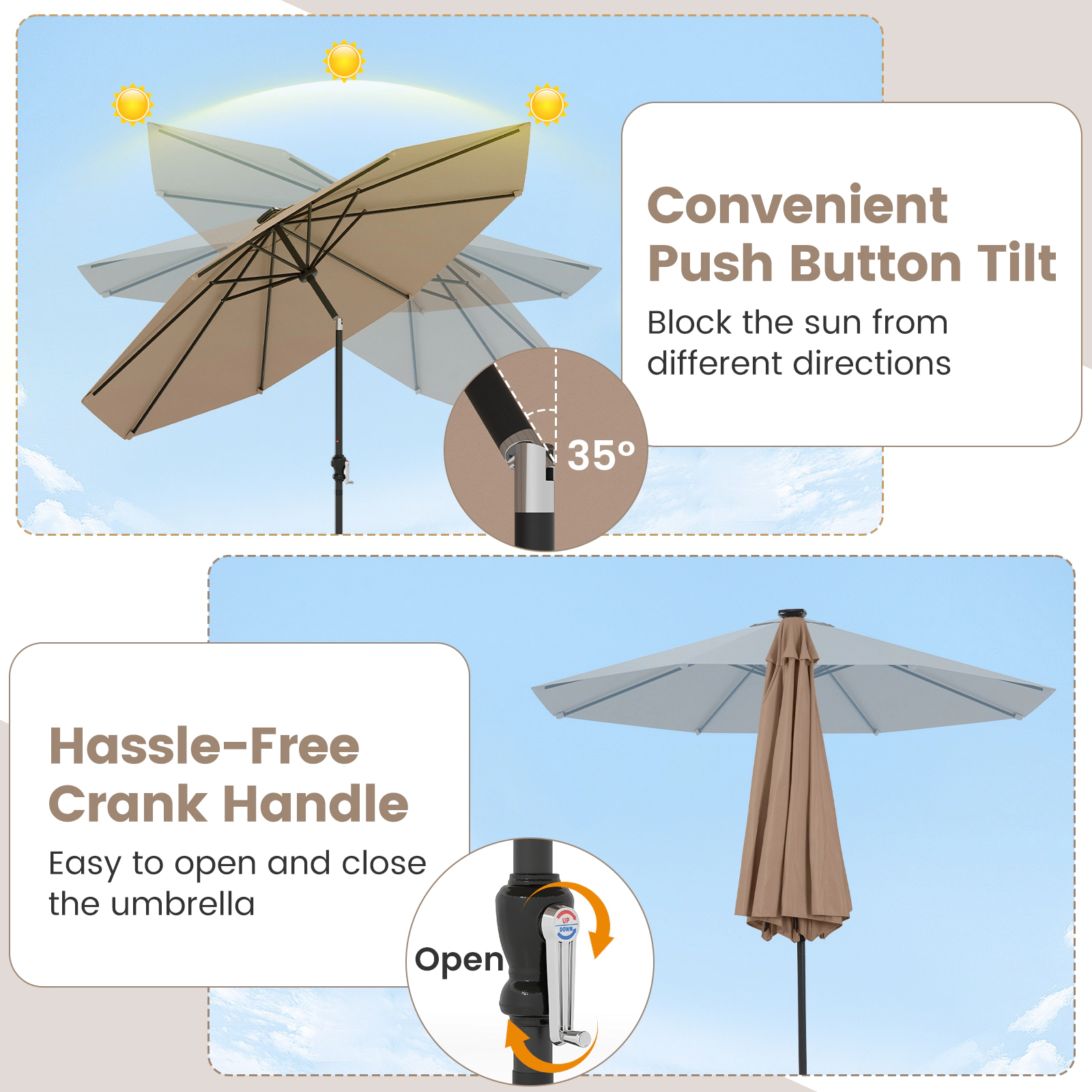 SUGIFT 10 ft Coffee Solar Market Patio Umbrella, 96 LED Lights, 9 Modes, Crank Lift and Push-Button Tilt