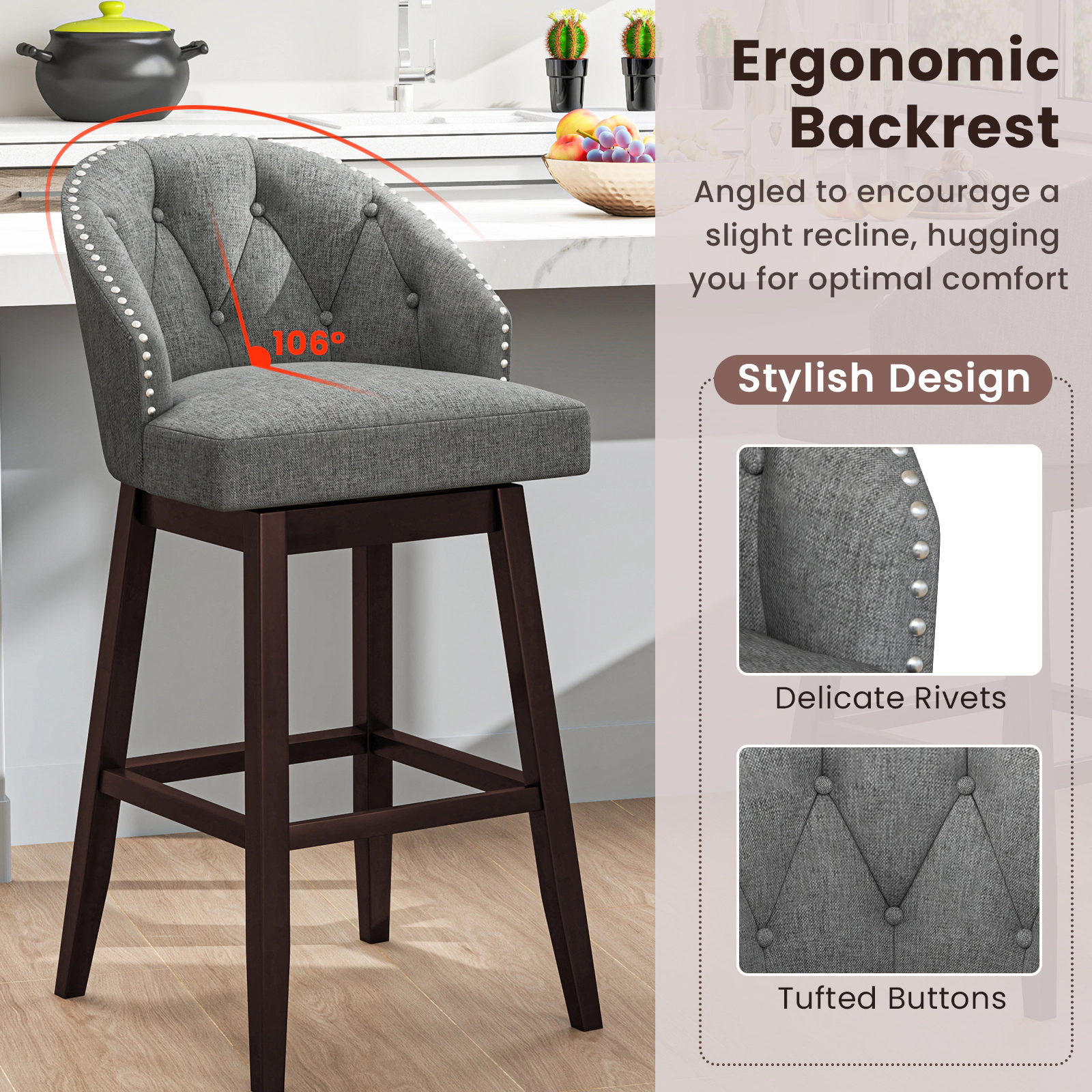 SUGIFT Set of 2 Swivel Bar Stools with Rubber Wood Legs and Padded Back 330-lb Capacity 31-in Seat Height Gray & Walnut