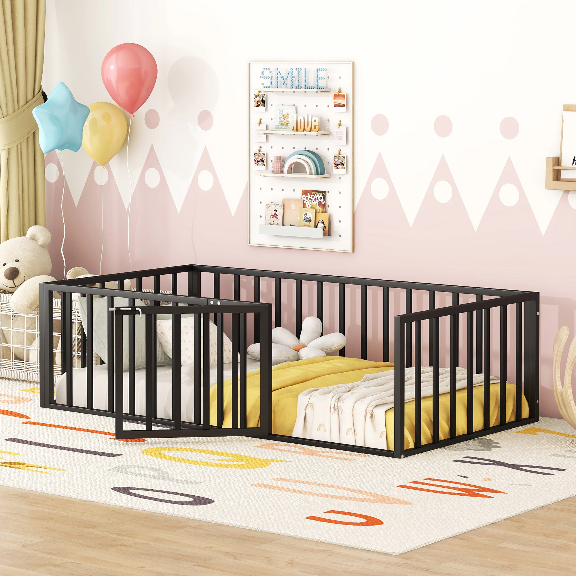Flynama Twin Metal Floor Bed Frame with Fence & Door, Black