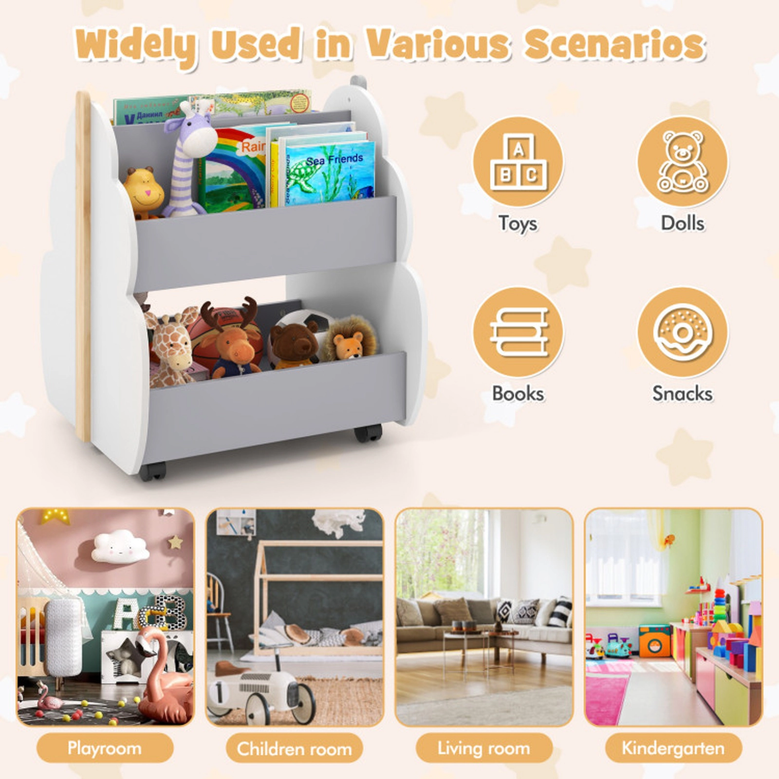 SUGIFT Tree-Shape Kids Wooden Toy Organizer Bookshelf with Wheels 11-lb Upper and 44-lb Lower Shelves White/Gray