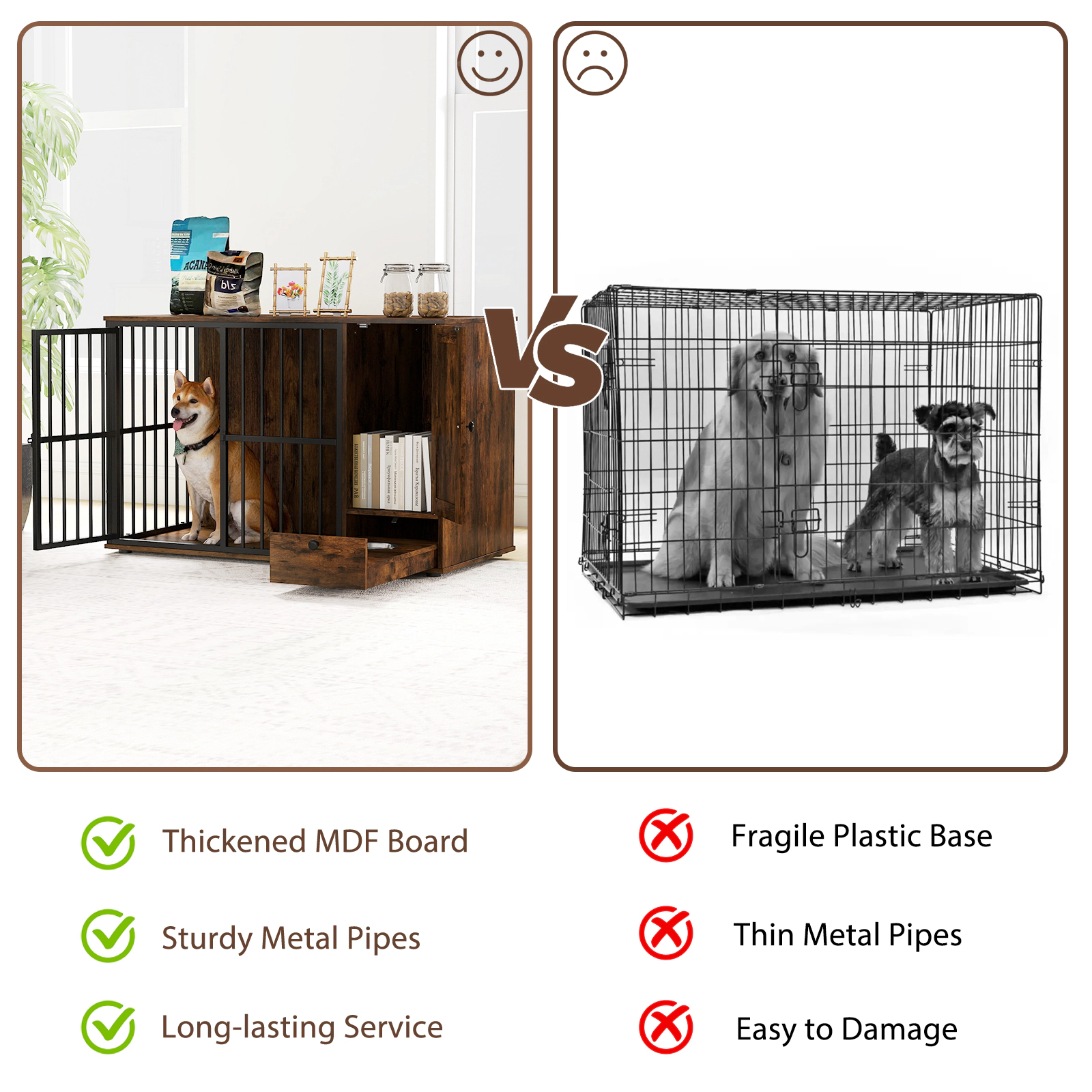 SUGIFT 47.5 in Dog Crate Furniture Rustic Brown with Hidden Pull-out Bowls and Side Cabinet