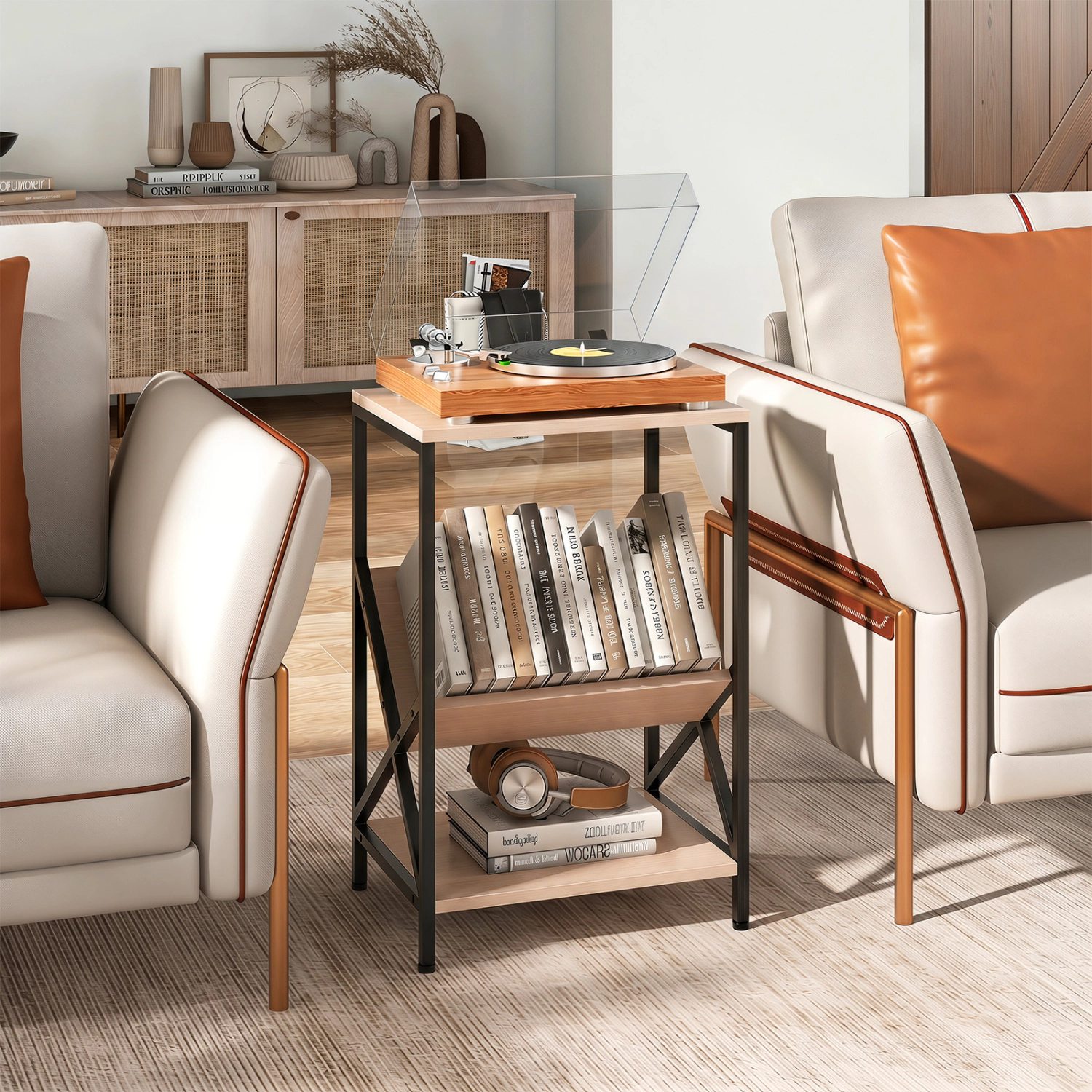 Glintex 3-Tier Rustic Side Table with V-Shaped Magazine Rack and Steel Frame, Natural