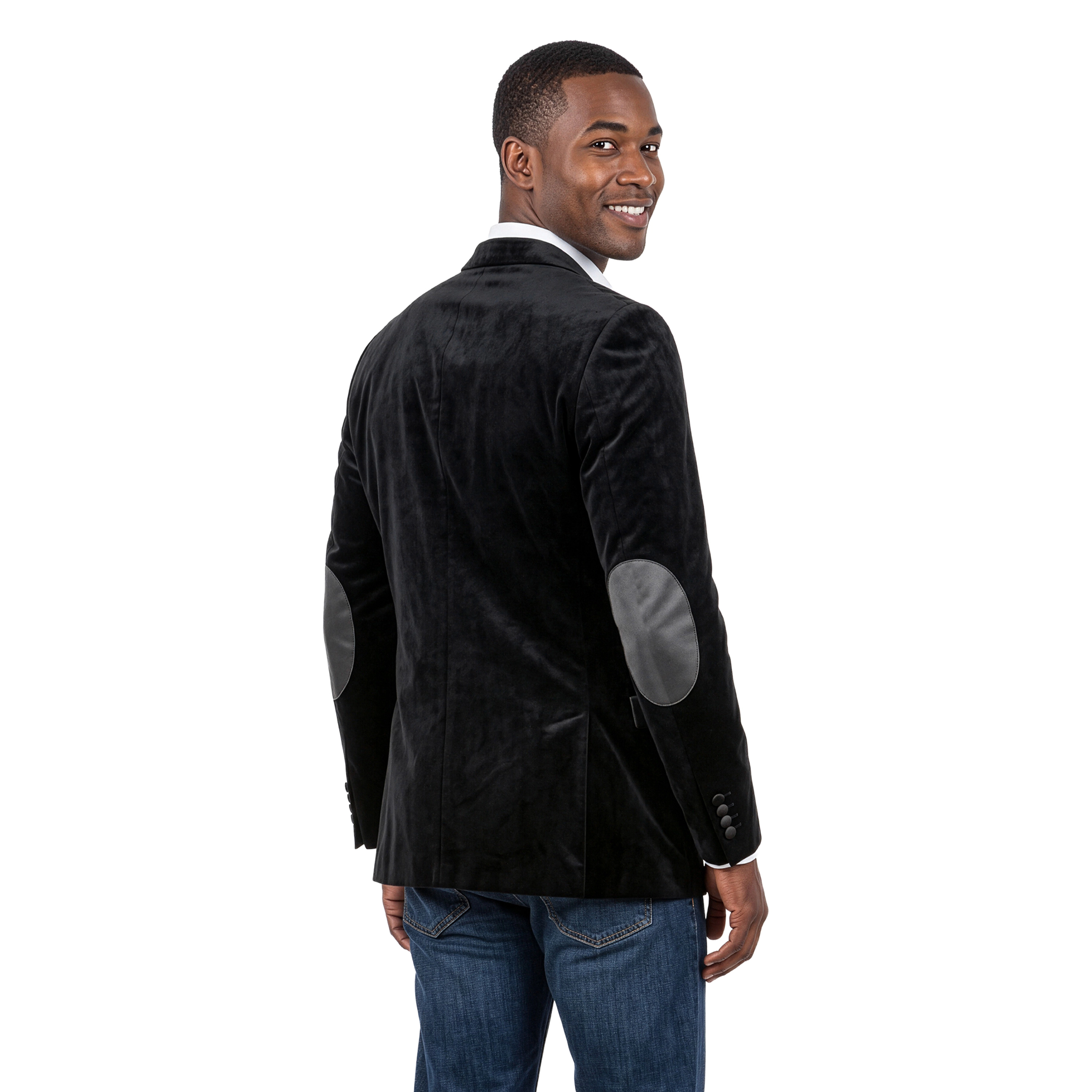 Tazzio Mens Velvet Satin Peak Lapel Blazer with Elbow Patch