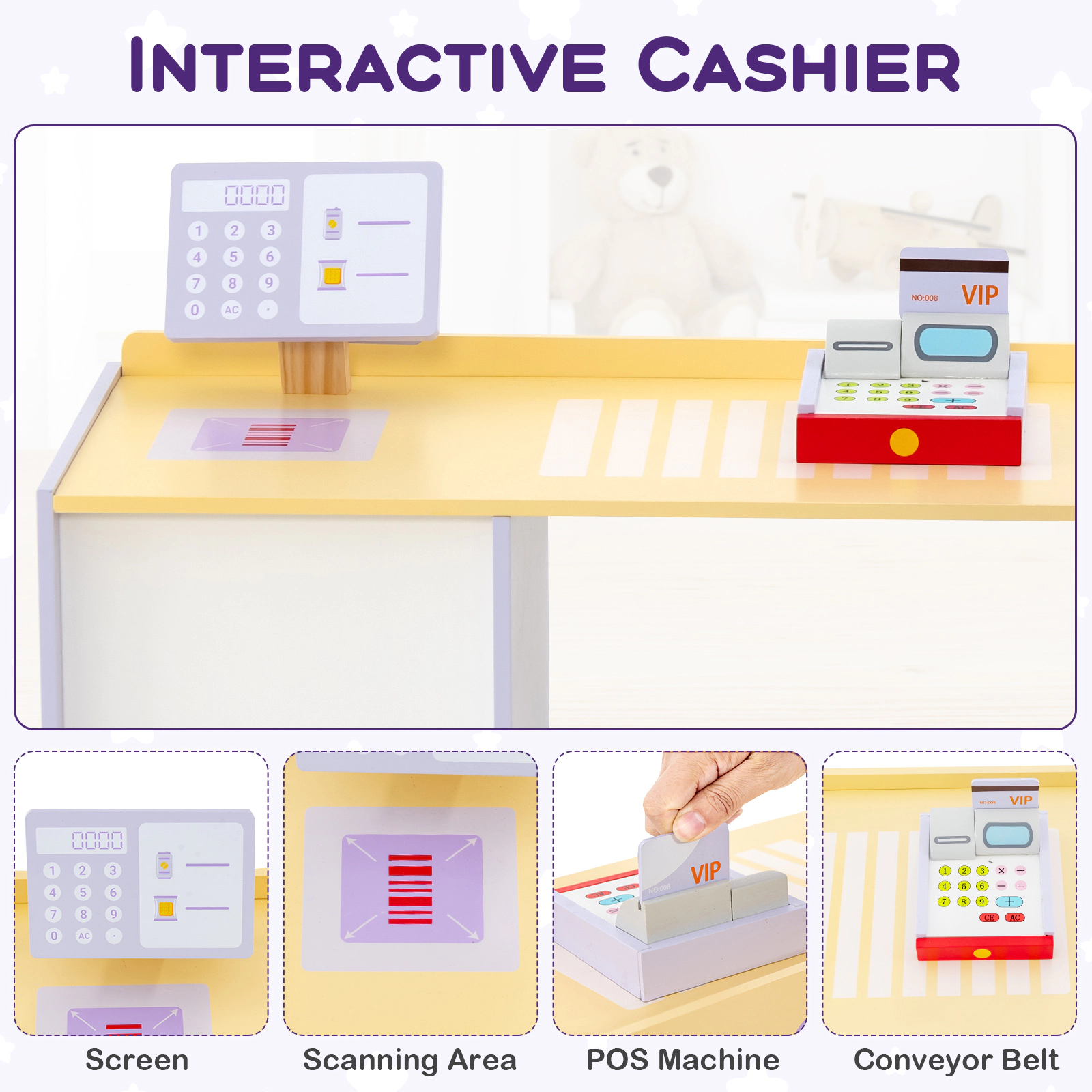 Kids Wooden Supermarket Playset Vending Machine Cash Register 13-pc Accessories 35-in Grocery Store Ages 3-8