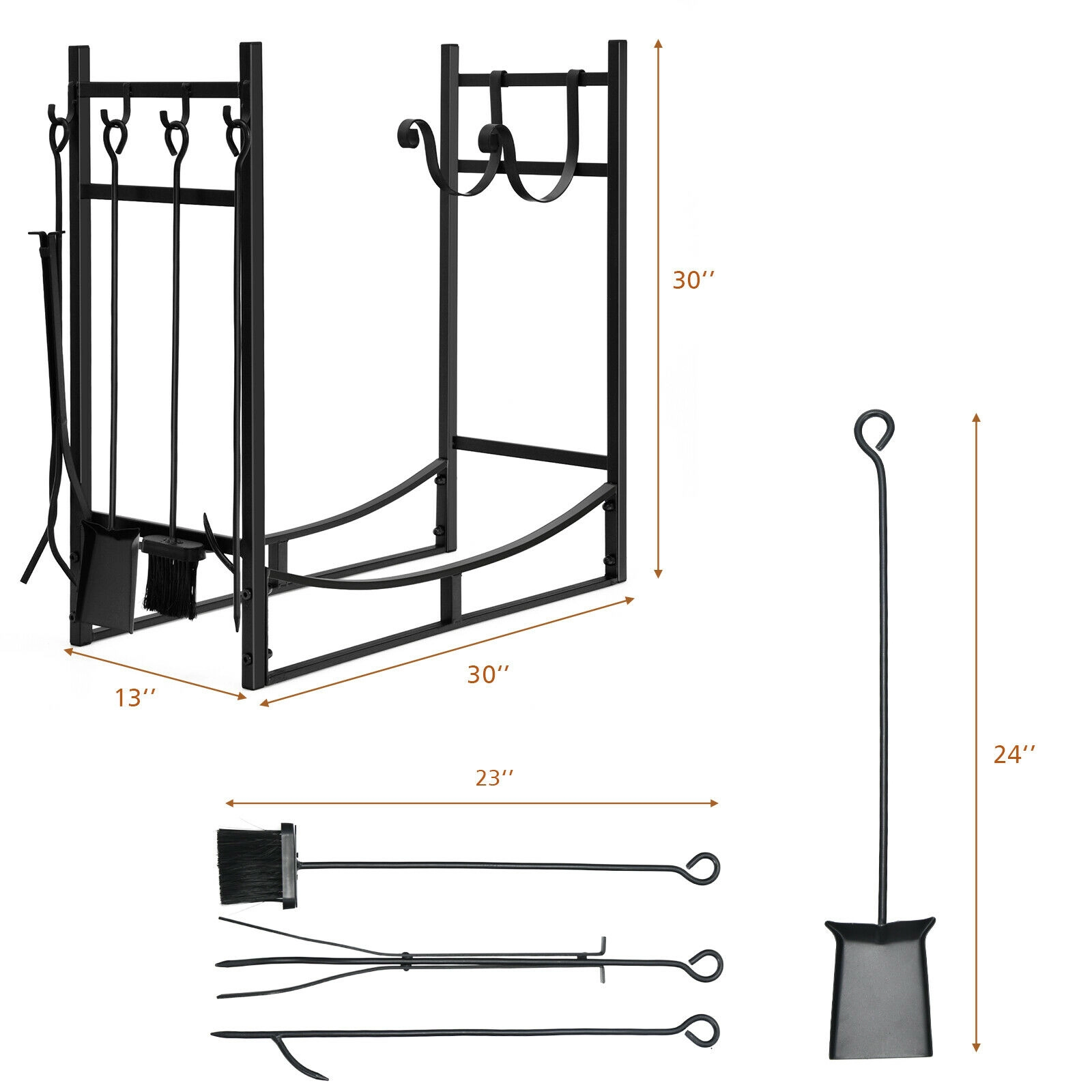 SUGIFT 30-in 4-Piece Tool Set Kindling Holders Steel Firewood Log Rack 36-in x 13-in x 30-in 110-lb Capacity Black