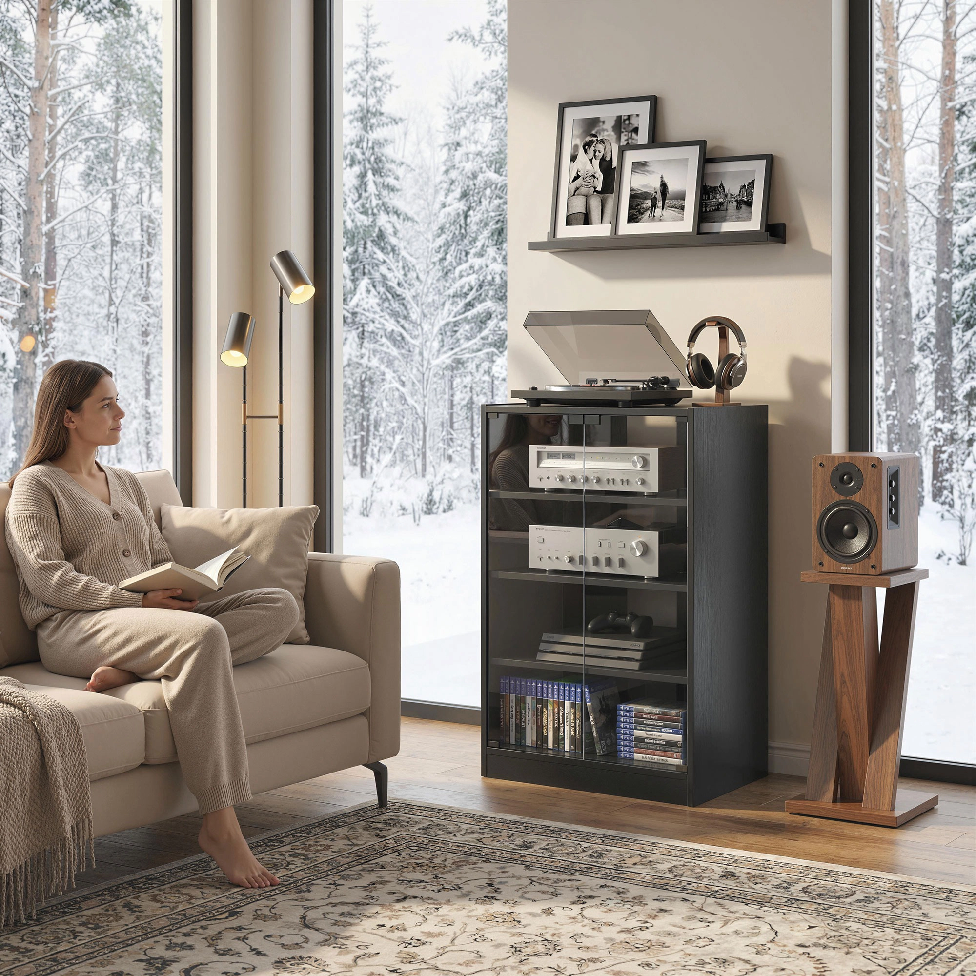 HONGGE Media Cabinet Stand with Adjustable Shelves Glass Doors and Cable Management