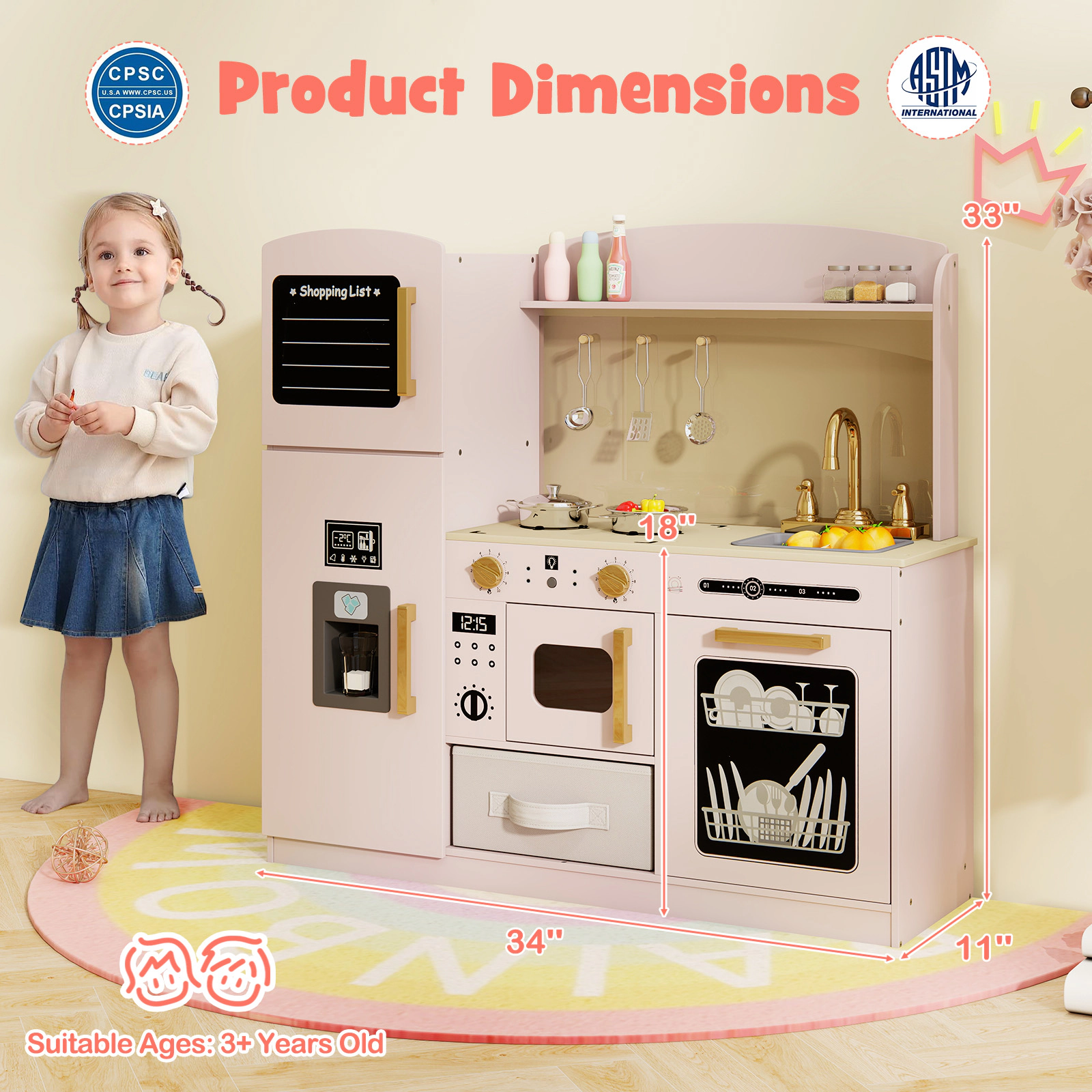 LJG Wooden Kids Kitchen Playset with Chalkboard Ice Maker Sink Lighted Microwave