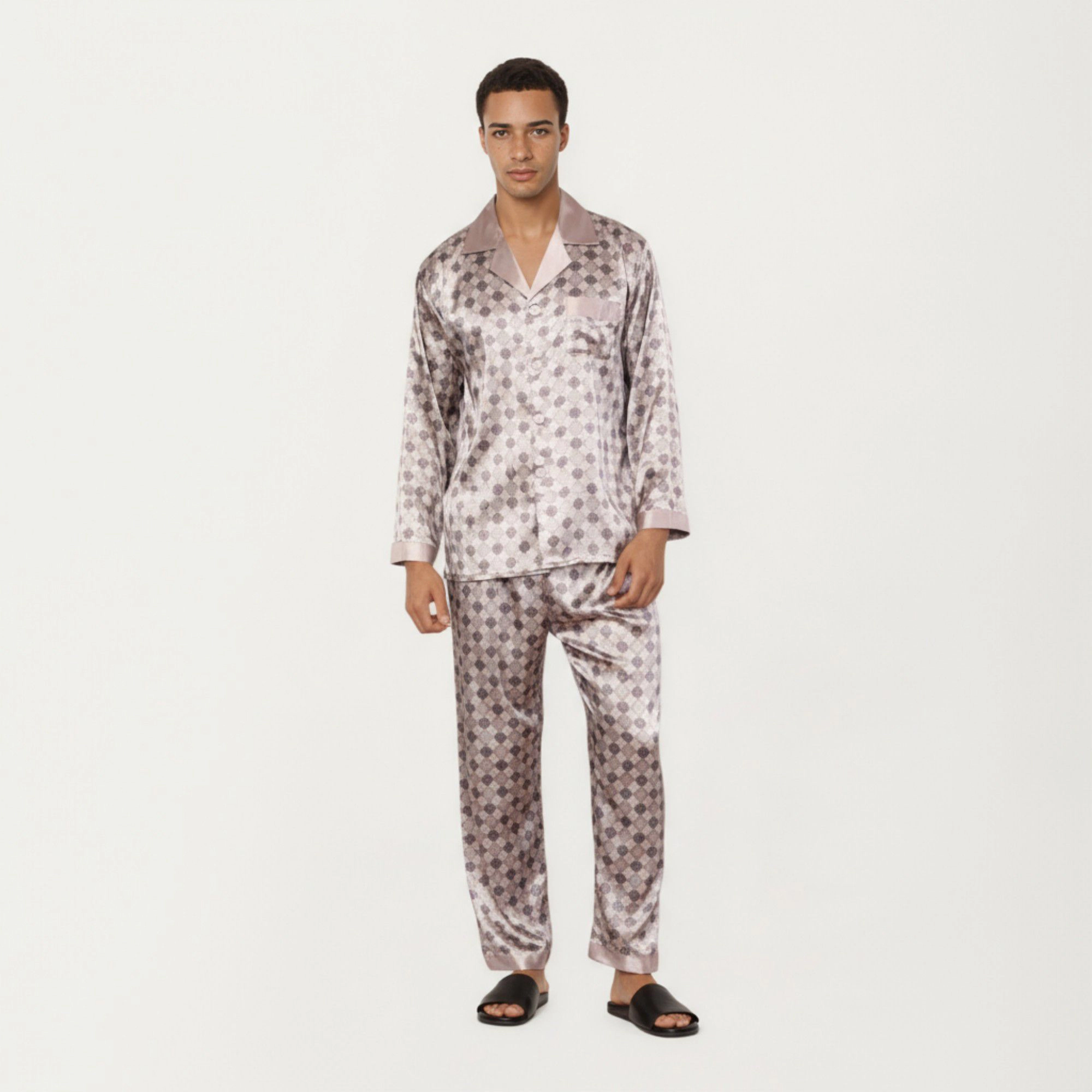 Anna-Kaci Men's 2-Piece Satin Pajamas with Geometric Check Print and Contrast Trim Details